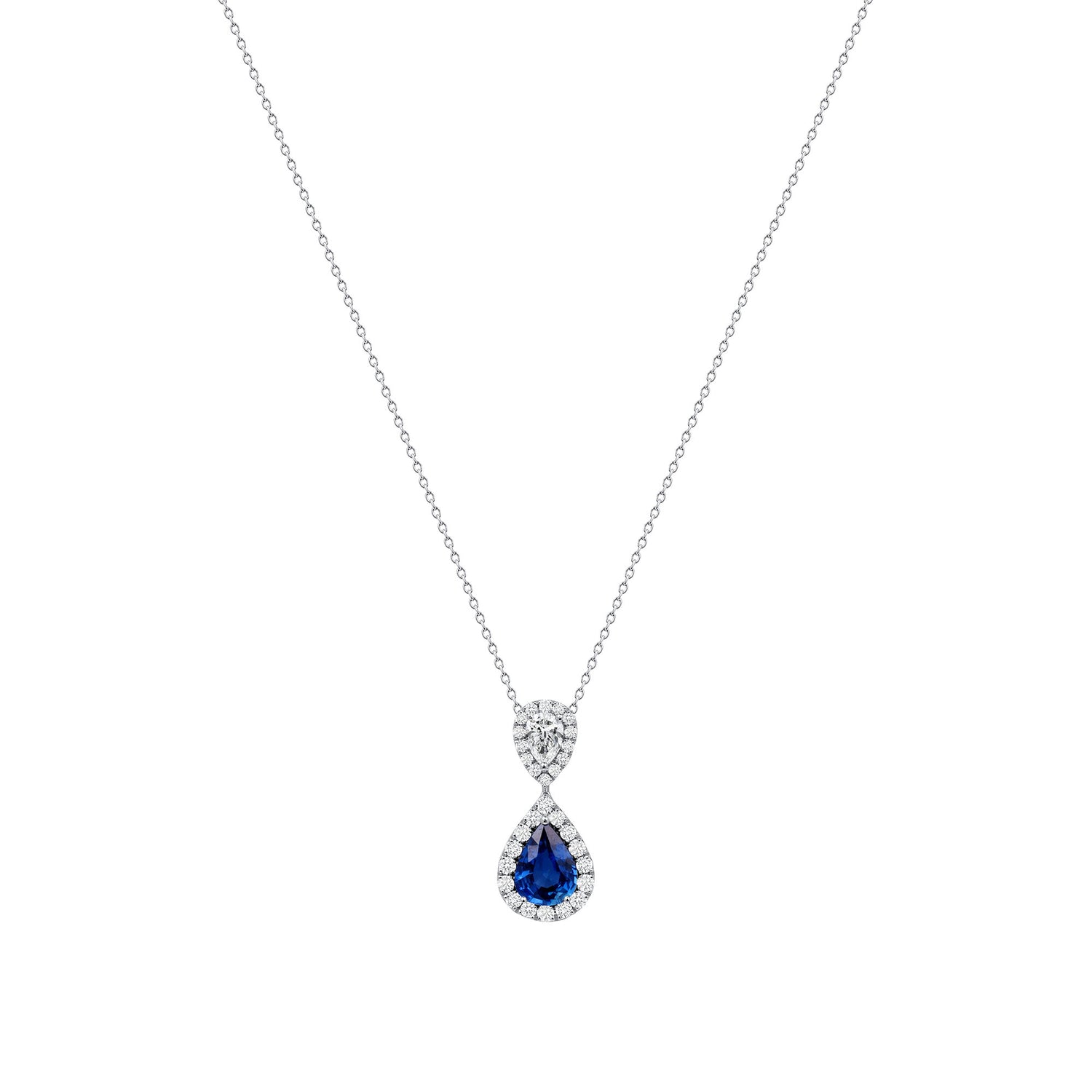 2.94 CT. Pear Cut Blue Sapphire and Diamond Pendant Necklace in 14K White Gold