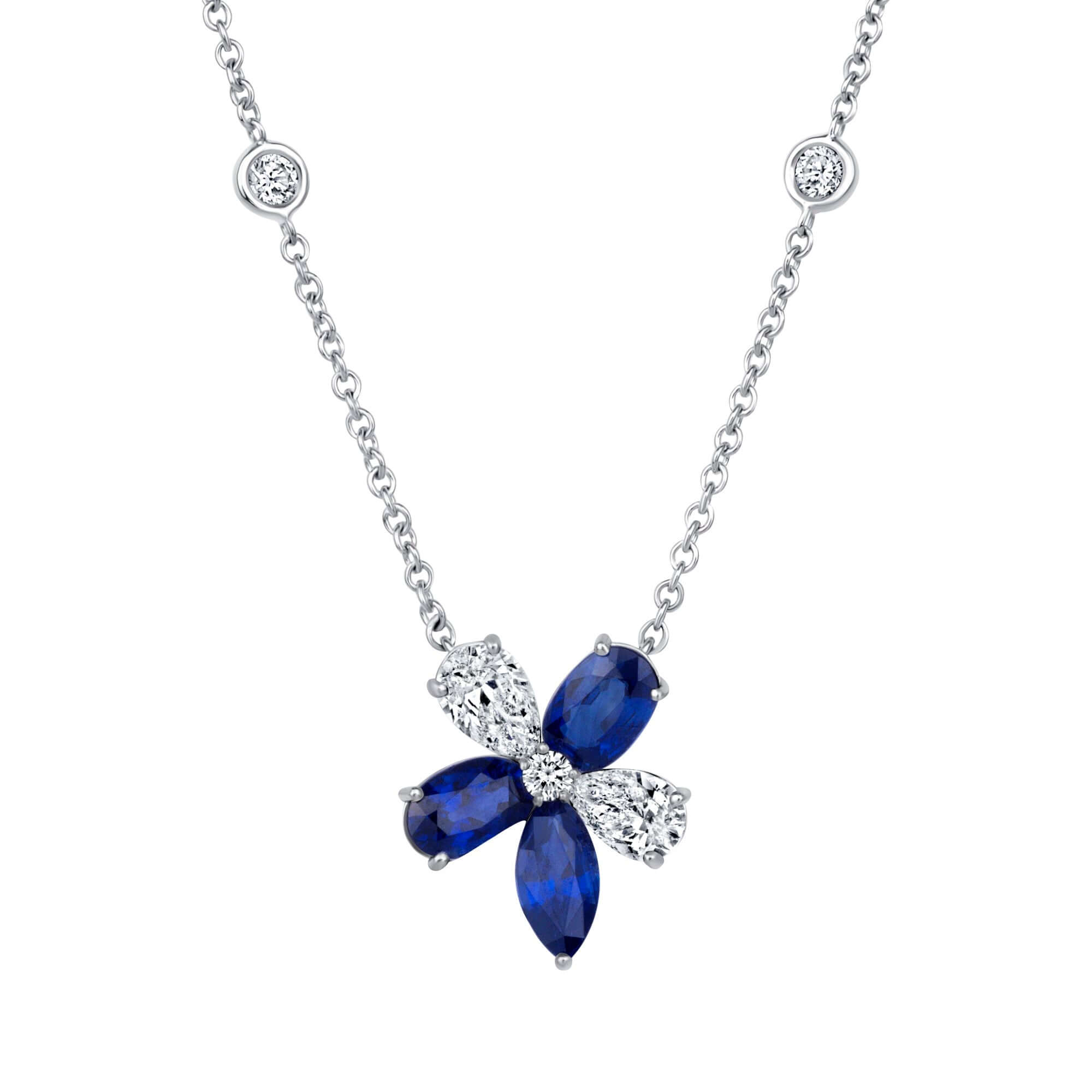 5.36 CT. Sapphire and Diamond Floral Cluster Pendant on Sapphire and Diamond Station Chain Necklace - Pendant Necklace