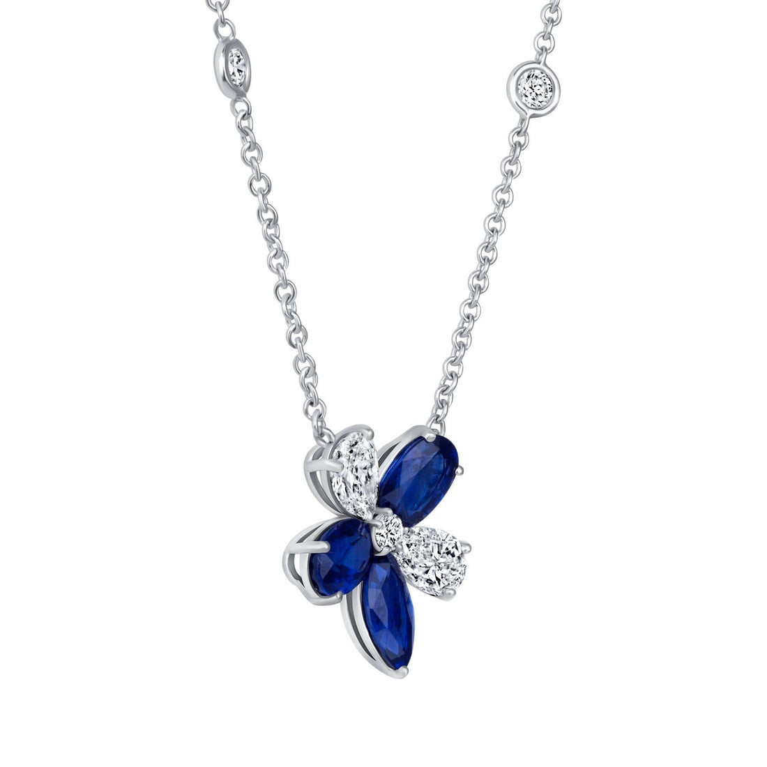 5.36 CT. Sapphire and Diamond Floral Cluster Pendant on Sapphire and Diamond Station Chain Necklace - Pendant Necklace