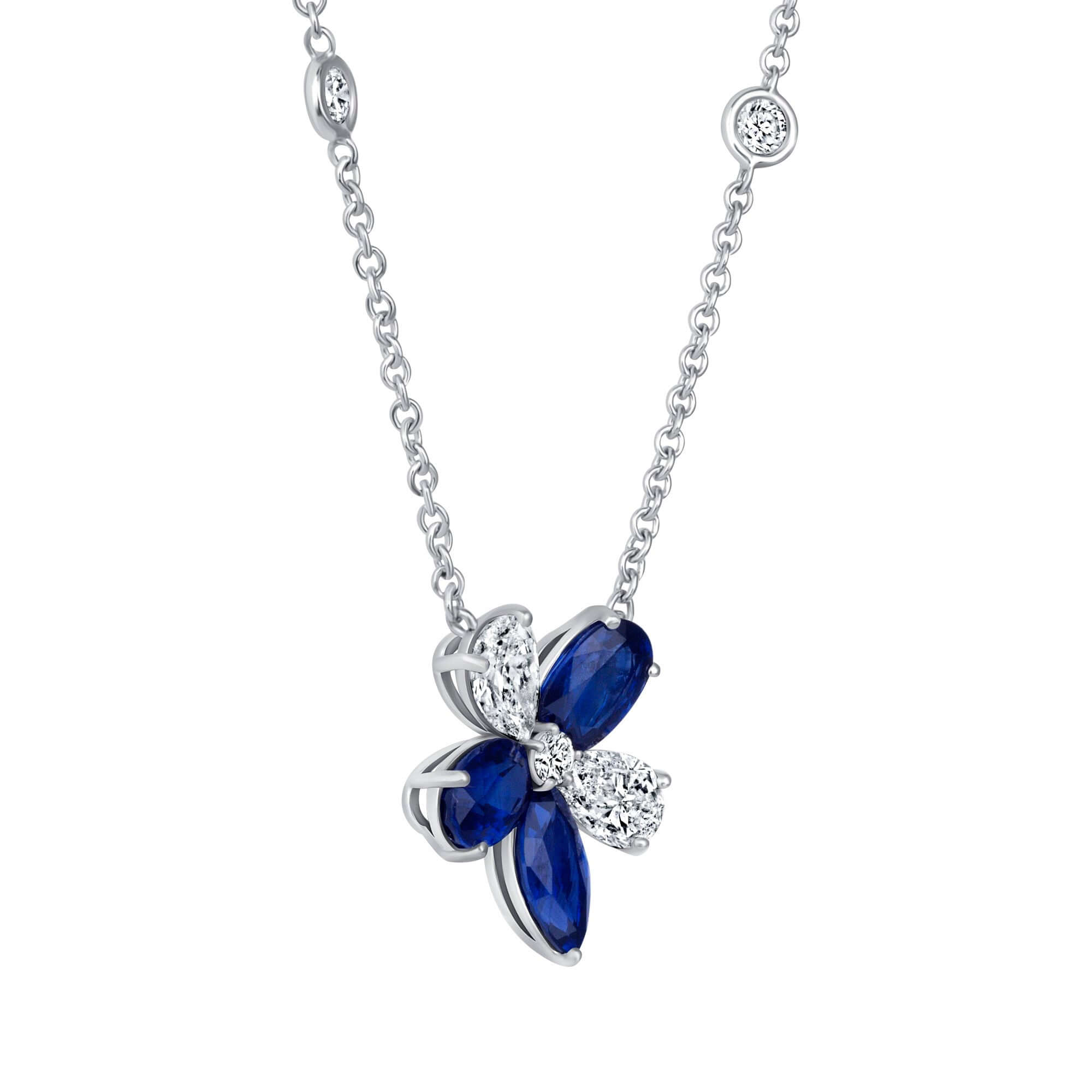 5.36 CT. Sapphire and Diamond Floral Cluster Pendant on Sapphire and Diamond Station Chain Necklace - Pendant Necklace