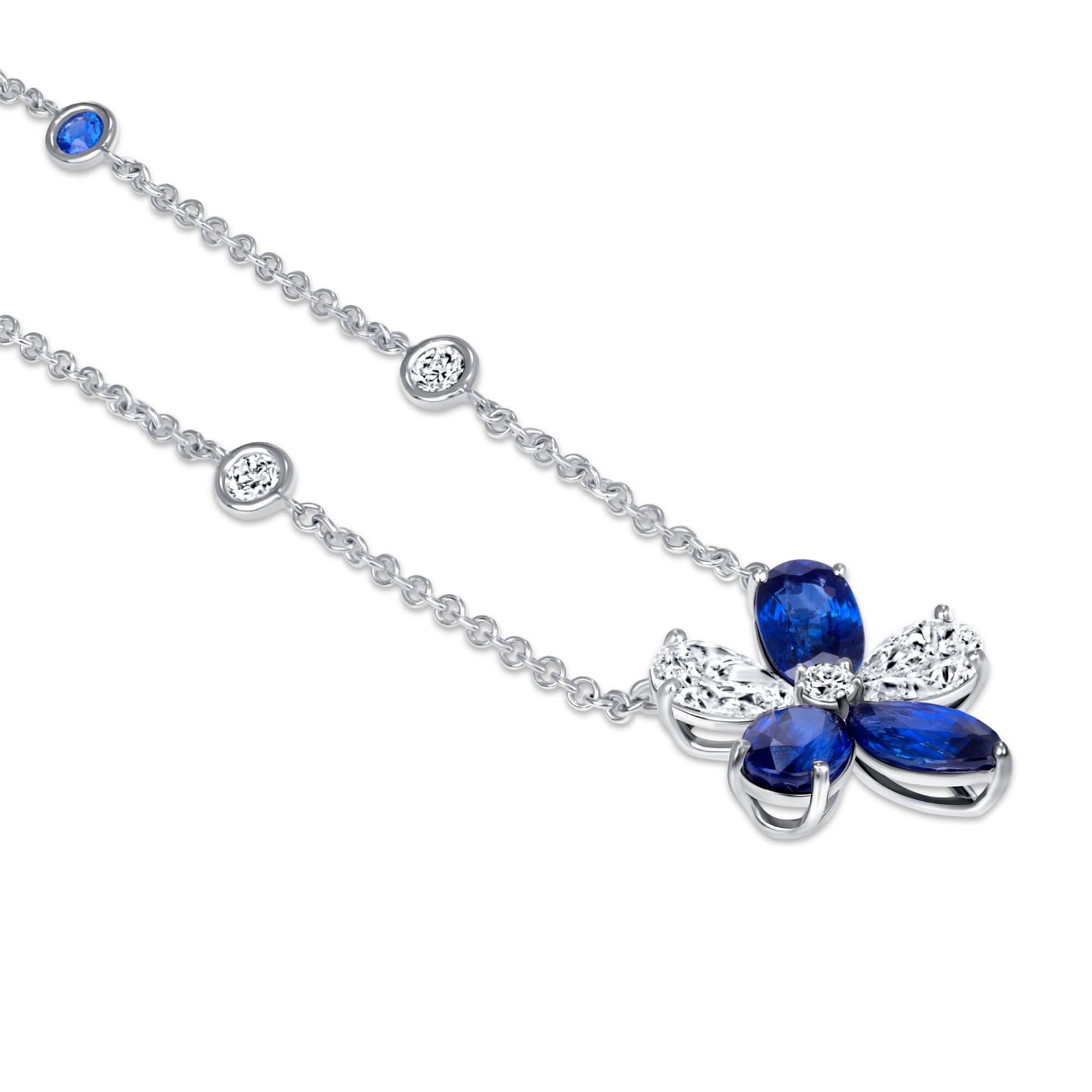 5.36 CT. Sapphire and Diamond Floral Cluster Pendant on Sapphire and Diamond Station Chain Necklace - Pendant Necklace