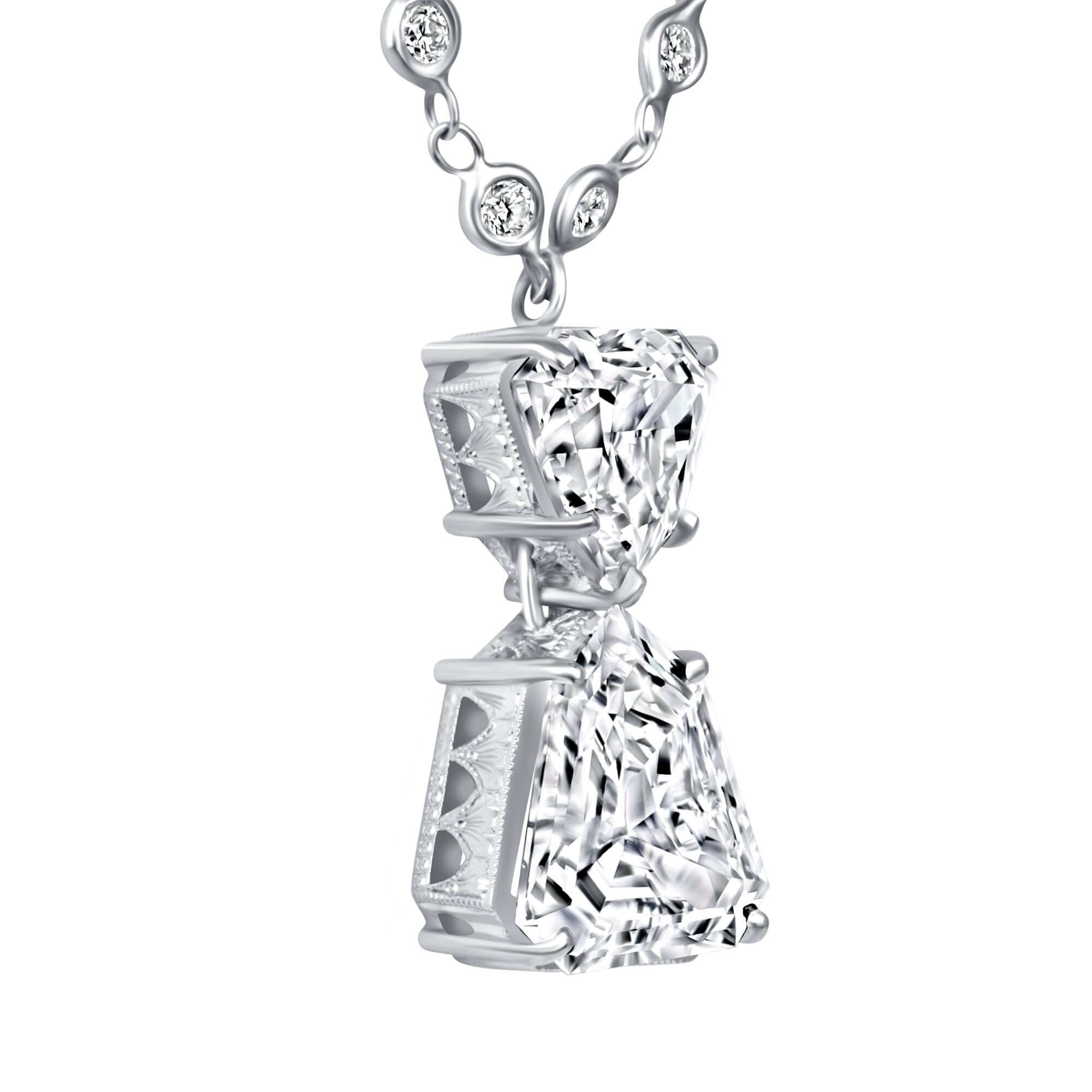 5.98 CT. Two Stone Shield Cut Diamond Pendant on Diamond Station Chain Necklace - Station Necklace
