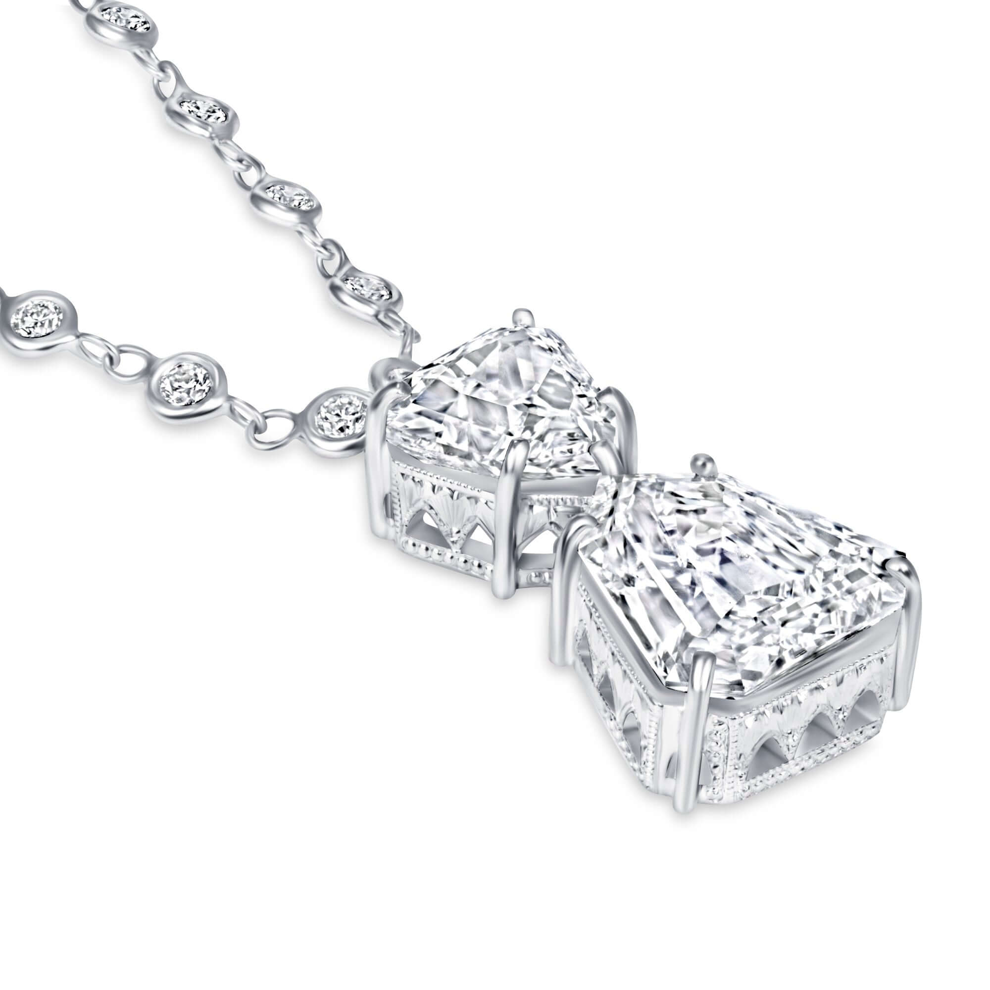 5.98 CT. Two Stone Shield Cut Diamond Pendant on Diamond Station Chain Necklace - Station Necklace