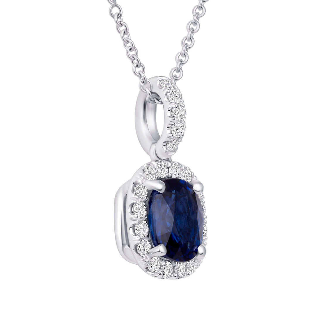 2.22 CT. Sapphire and Diamond Cushion Cut Halo Pendant on Chain Necklace - Pendant Necklace