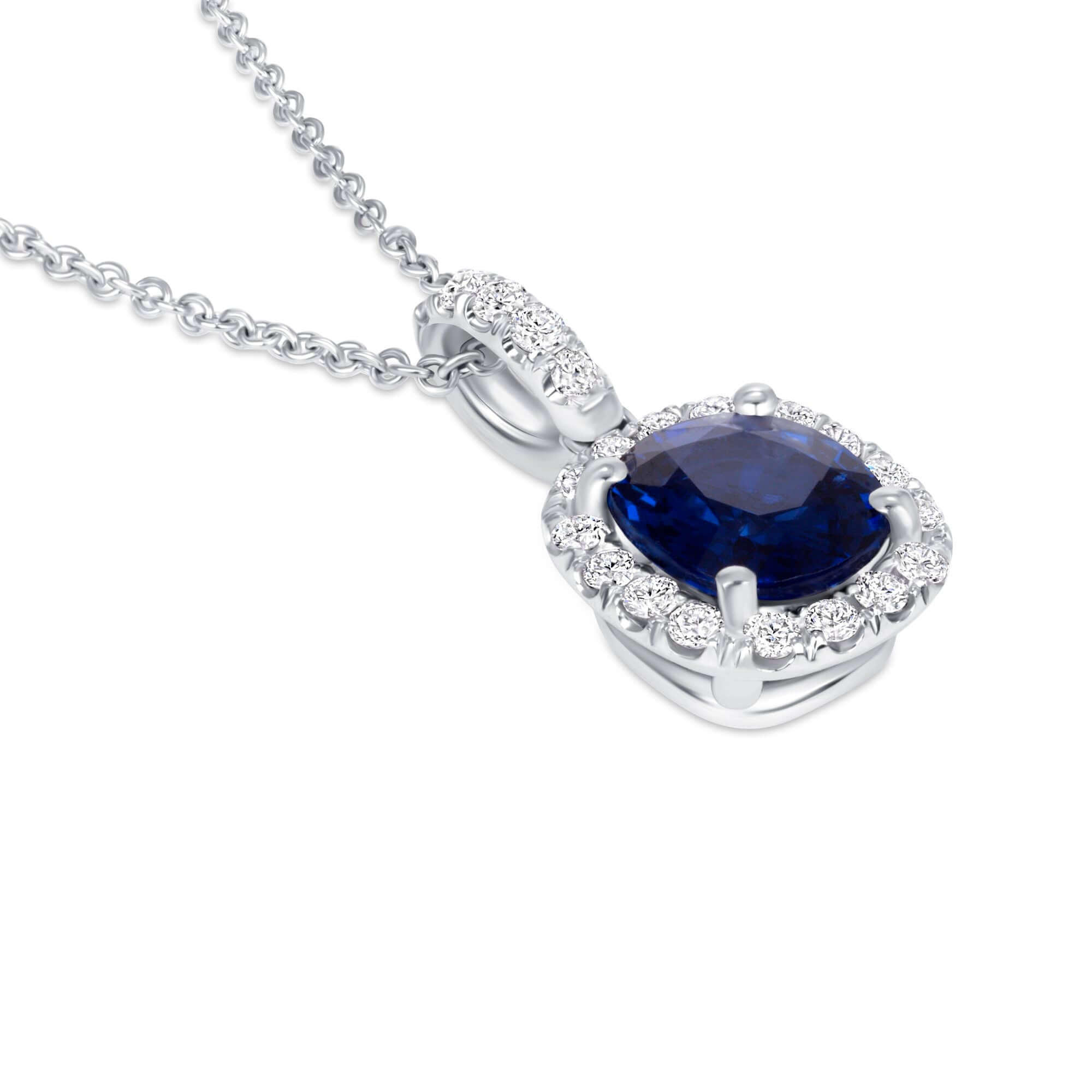2.22 CT. Sapphire and Diamond Cushion Cut Halo Pendant on Chain Necklace - Pendant Necklace