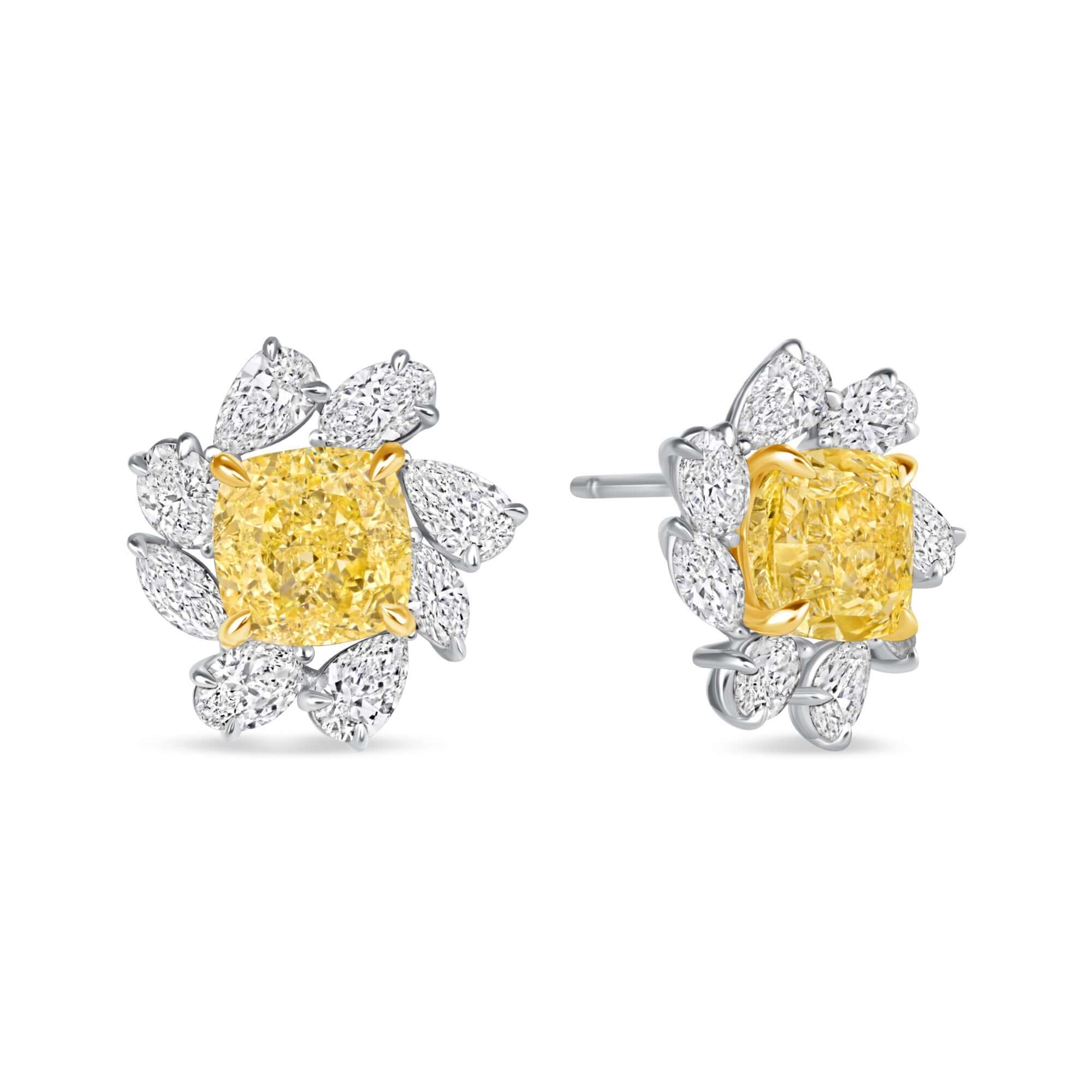 6.14 CT. Pear and Cushion Cut Fancy Yellow Diamond Flower Stud Earrings - Stud Earring
