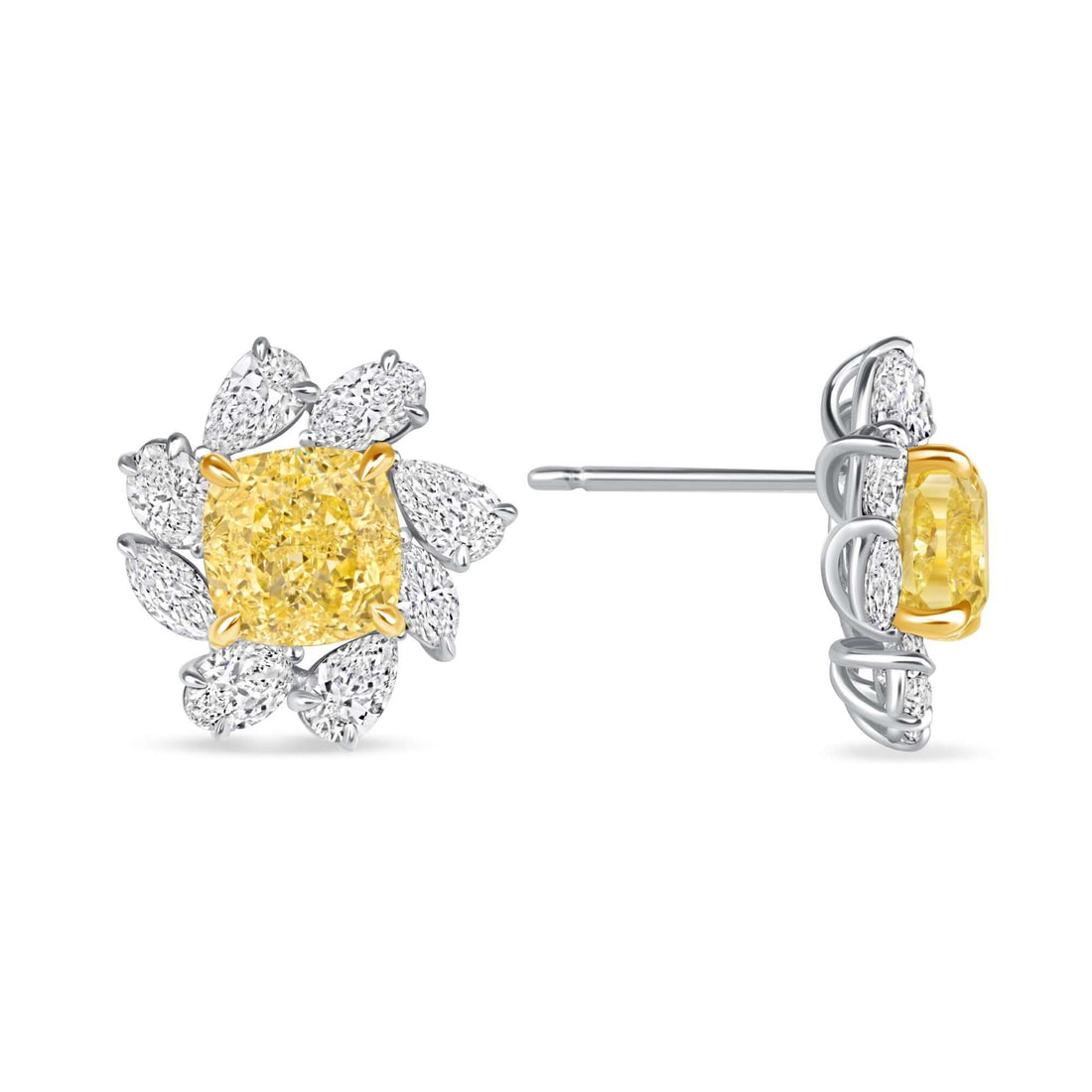 6.14 CT. Pear and Cushion Cut Fancy Yellow Diamond Flower Stud Earrings - Stud Earring