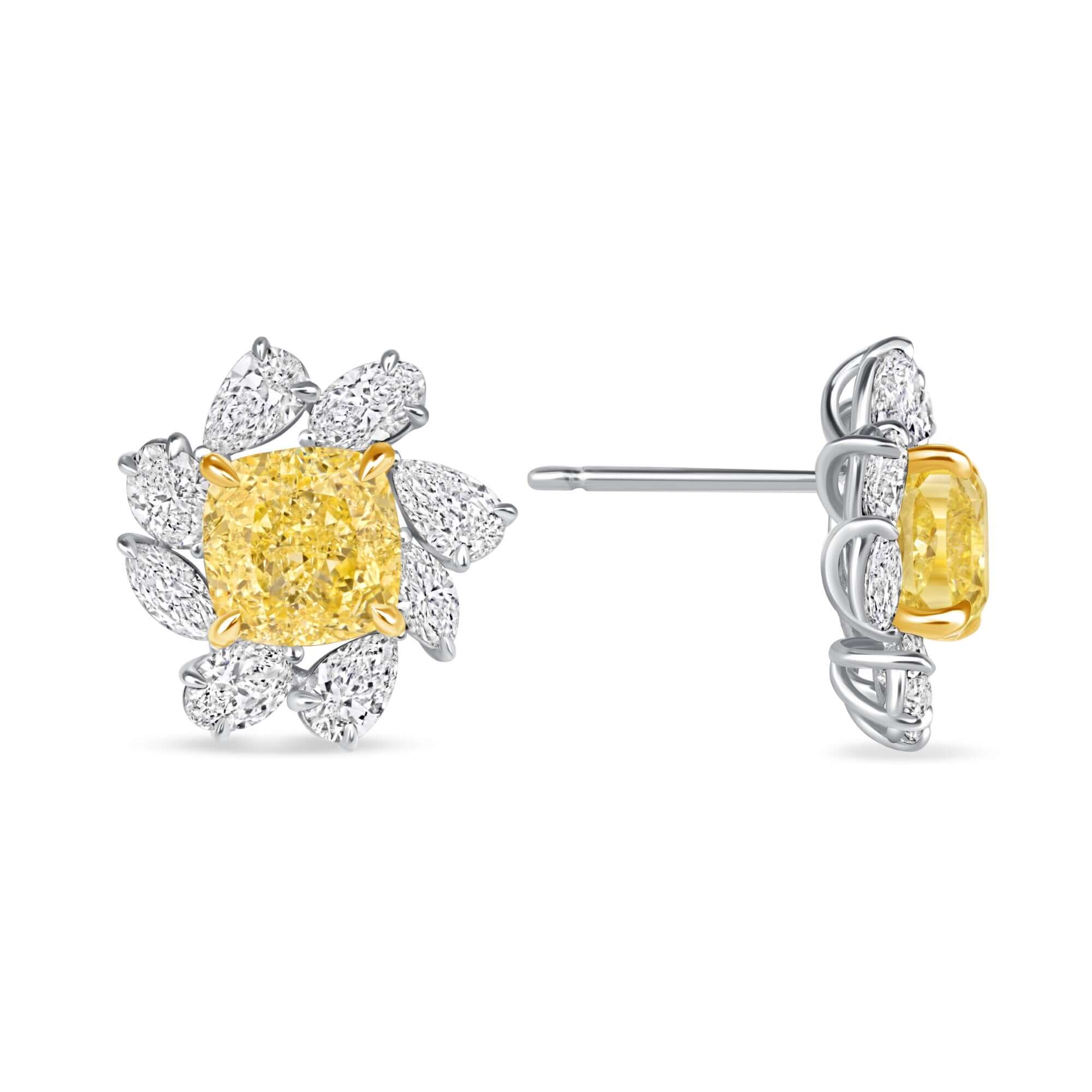 6.14 CT. Pear and Cushion Cut Fancy Yellow Diamond Flower Stud Earrings - Stud Earring