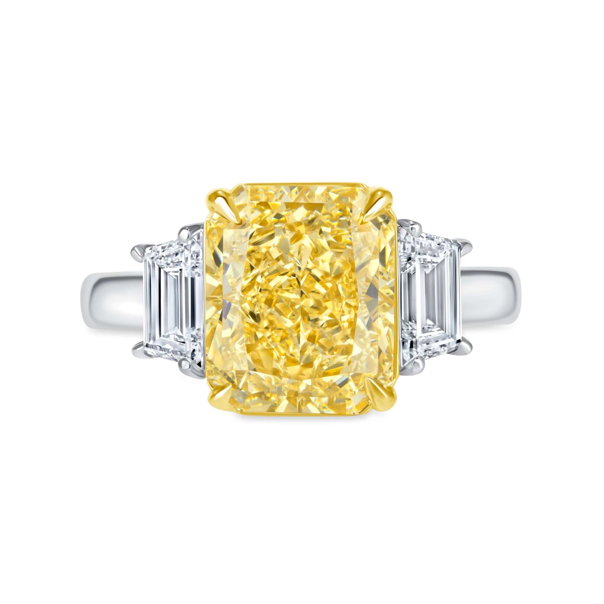 4.94 CT. Radiant Cut Yellow and Trapezoid Diamond Three Stone Ring - Three Stone Ring