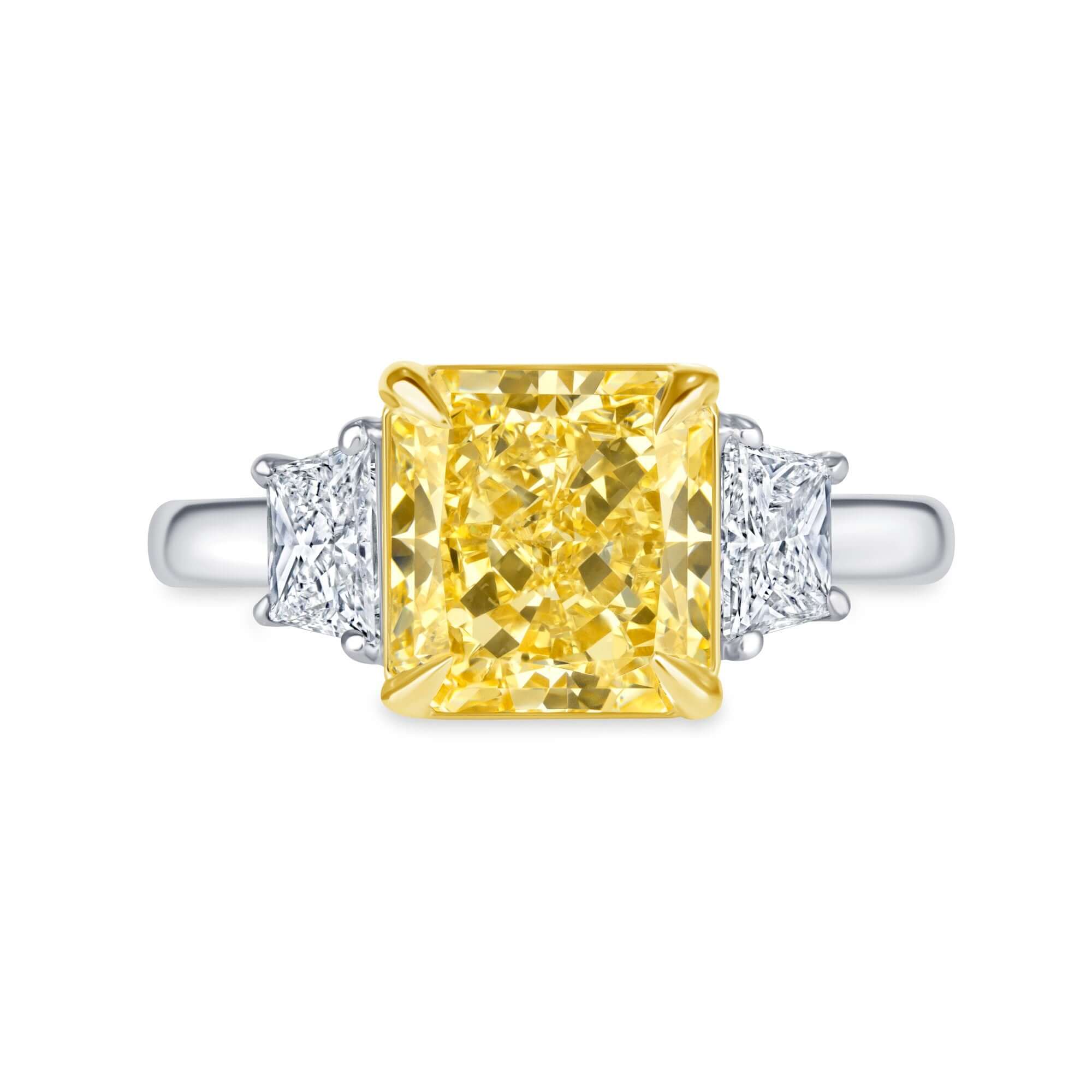 3.59 CT. Radiant Cut Yellow and Trapezoid Diamond Three Stone Ring - Three Stone Ring