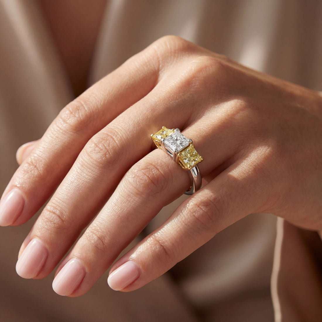 1.71 CT. Three Stone Ring with White and Fancy Yellow Radiant Cut Diamonds in 18K Yellow Gold and Platinum - RING