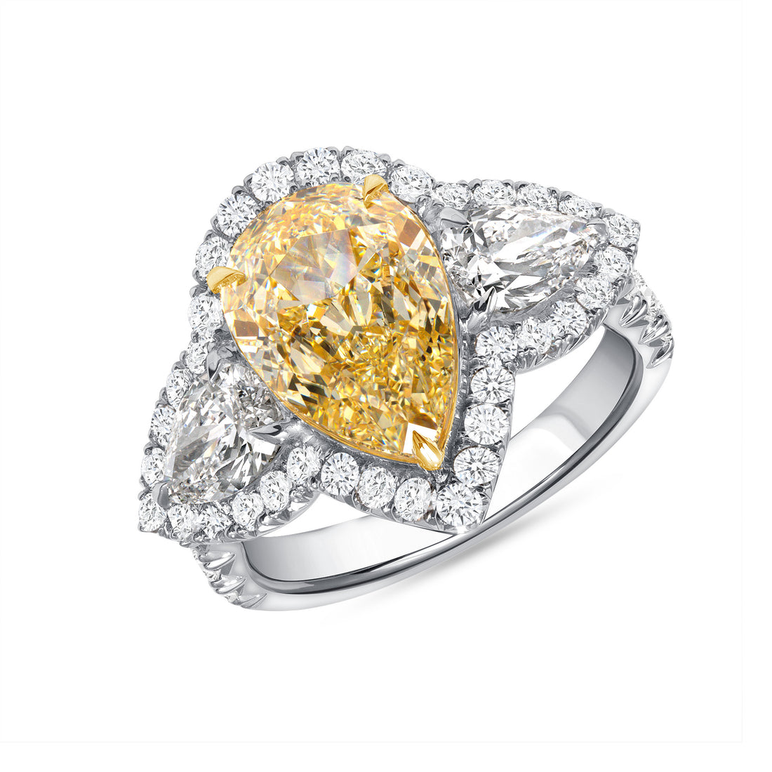 5.69 CT. Pear Yellow Diamond and Pear and Round Brilliant Diamond Ring in 18K Yellow Gold and Platinum