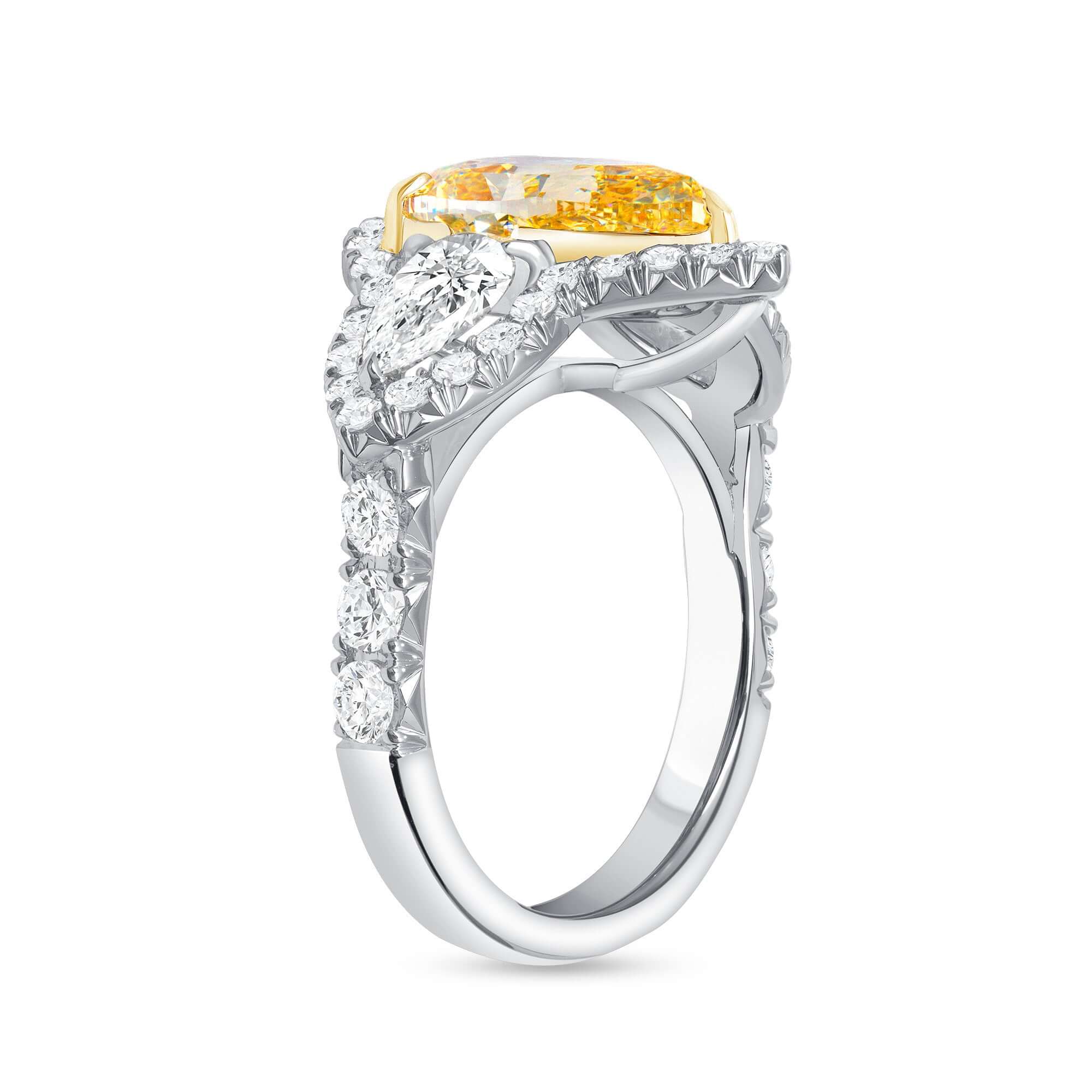 5.69 CT. Pear Yellow Diamond and Pear and Round Brilliant Diamond Ring in 18K Yellow Gold and Platinum - Three Stone Ring