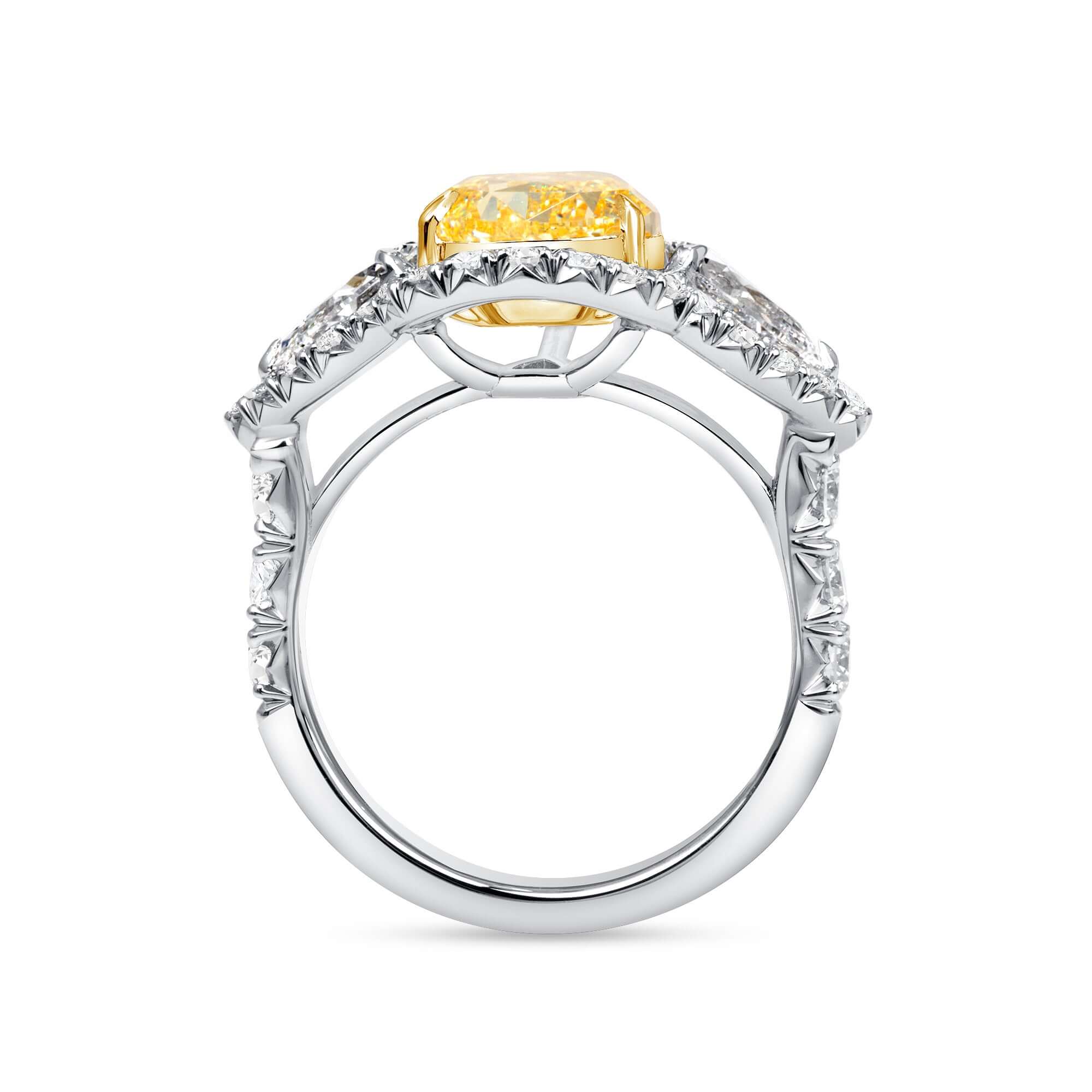 5.69 CT. Pear Yellow Diamond and Pear and Round Brilliant Diamond Ring in 18K Yellow Gold and Platinum - Three Stone Ring