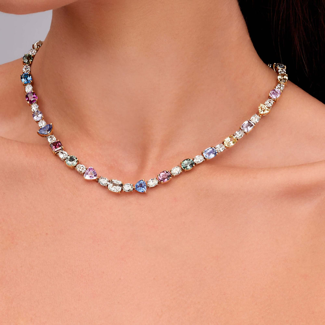53.06 CT. Fancy Shape Sapphire and Oval Cut Diamond Tennis Necklace in 18K White Gold and Yellow Gold - Tennis Necklace