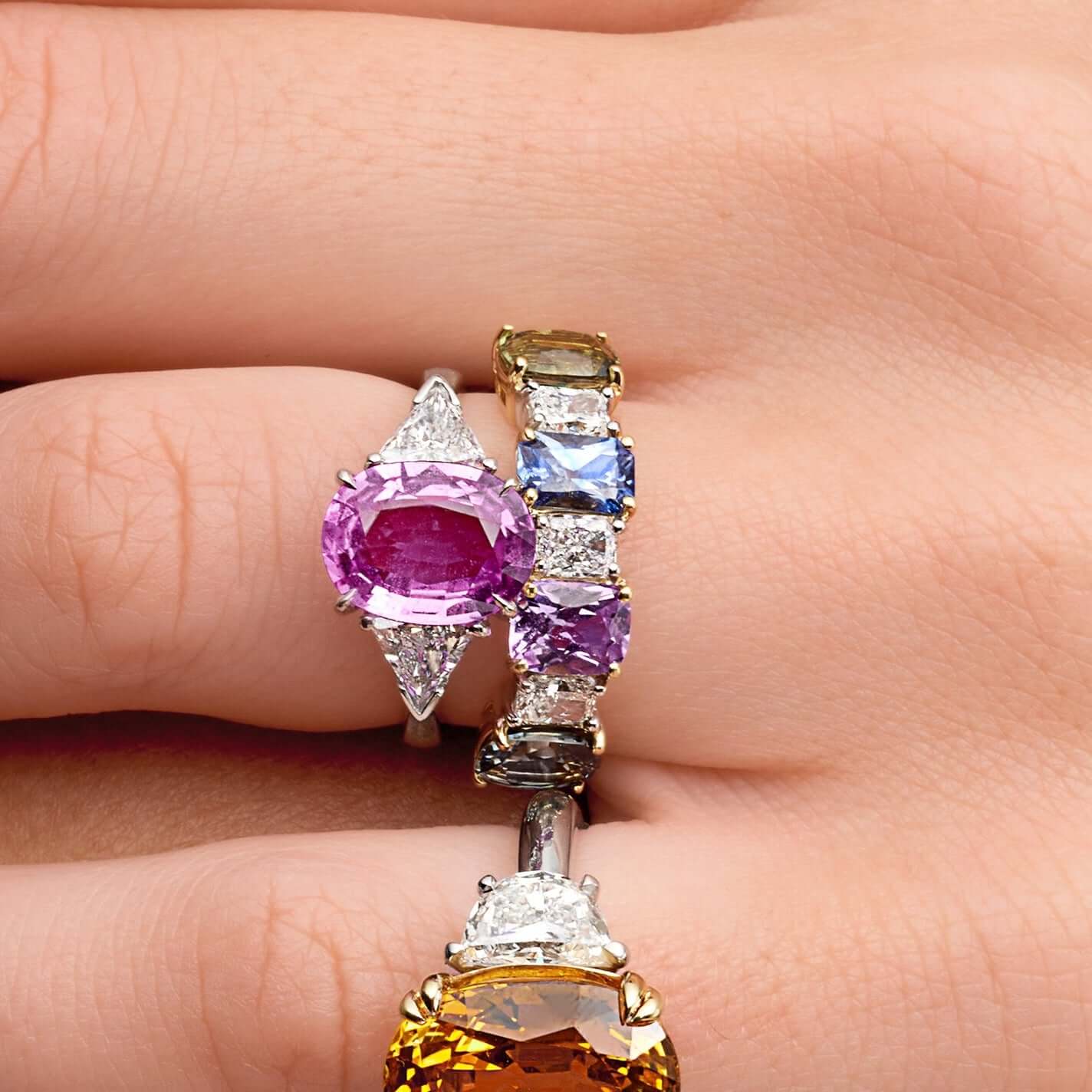 3.82 CT. Oval Cut Pink Sapphire and Triangle Cut Diamond Three Stone Ring in Platinum - Three Stone Ring