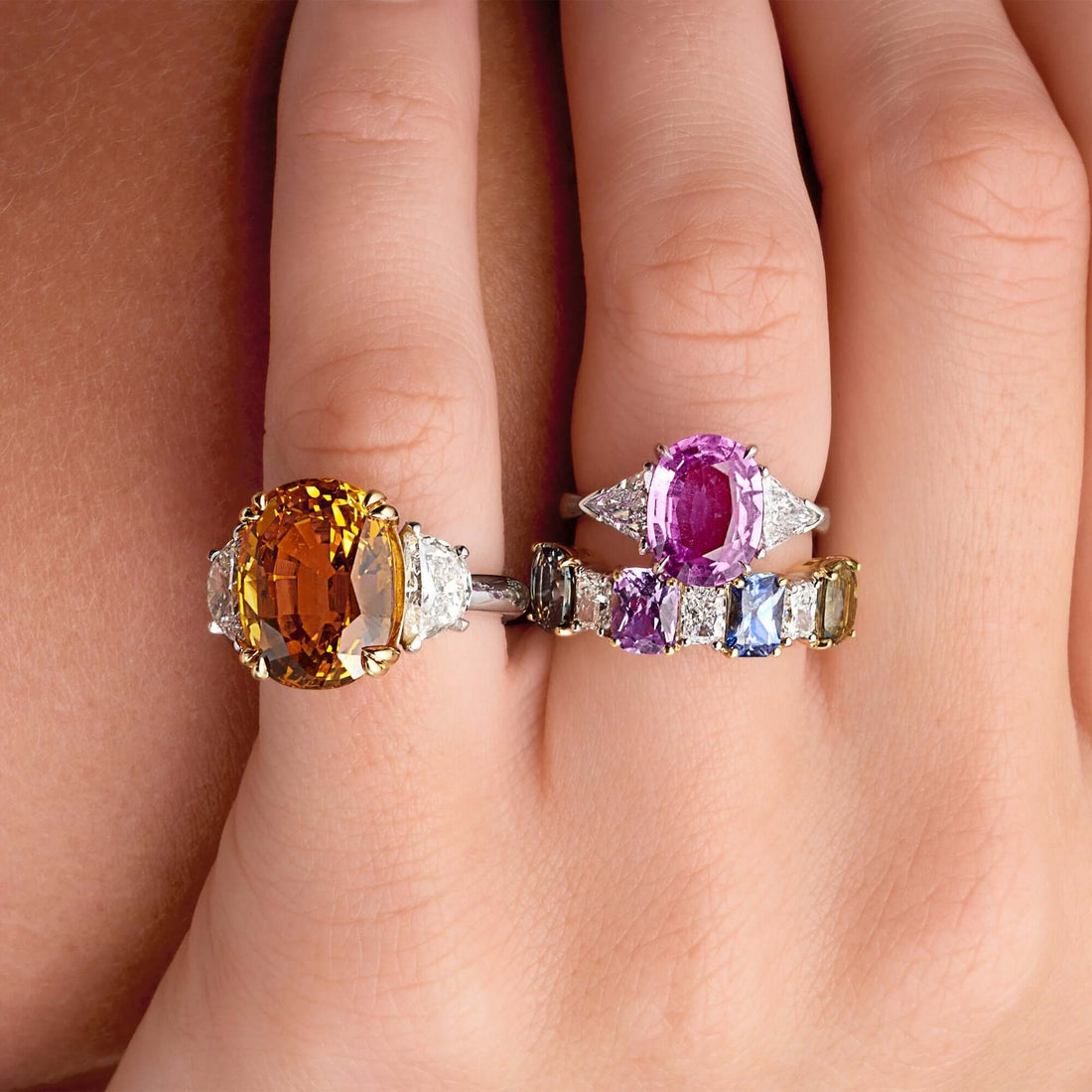 4.06 CT. Multi-Color Sapphire and Radiant Cut Diamond Band in 14K White and Yellow Gold - Half Eternity Ring