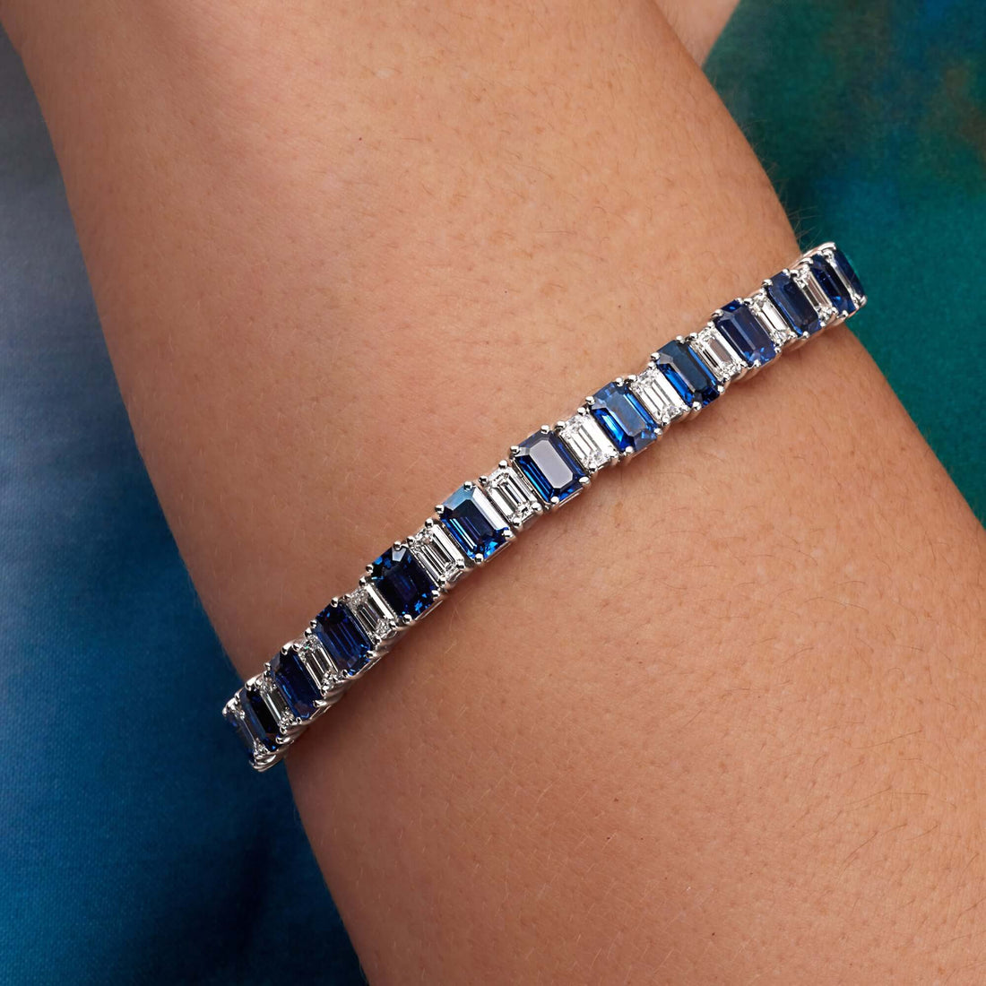 20.26 CT. Alternating Emerald Cut Blue Sapphire and Emerald Cut Diamond Tennis Bracelet in 14K White Gold - Tennis Bracelet