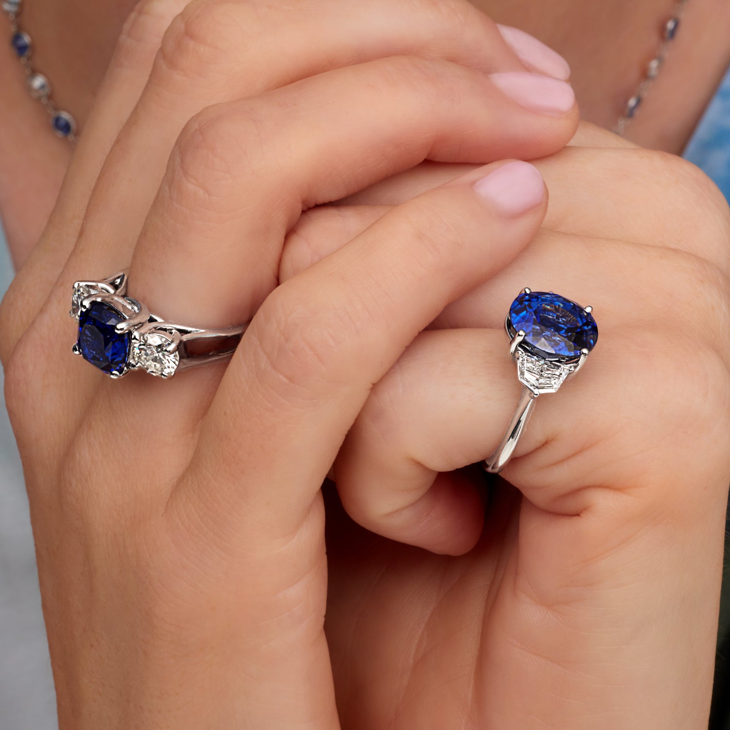 8.93 CT. Oval Cut Blue Sapphire and Half Moon Diamond Three Stone Ring in Platinum