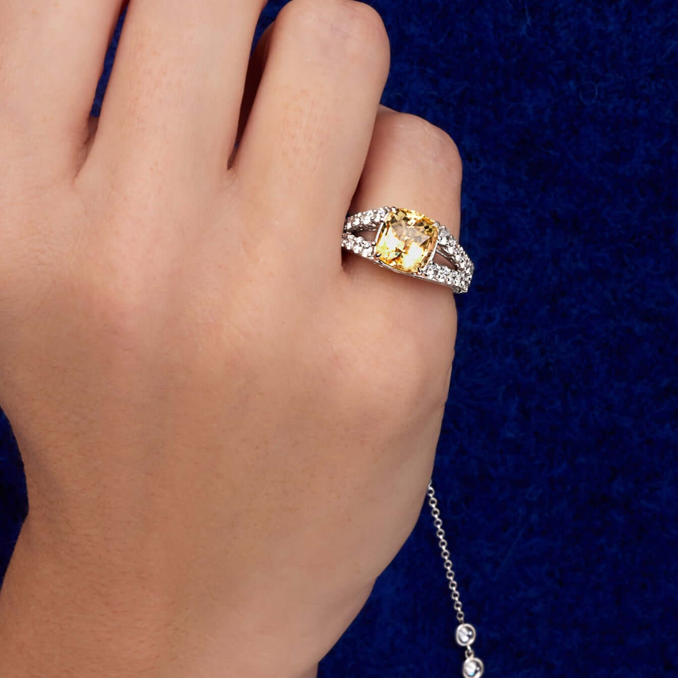 6.39 CT Cushion Cut Yellow Sapphire and Round Brilliant Diamond Ring in 18K White Gold - Pavé Ring