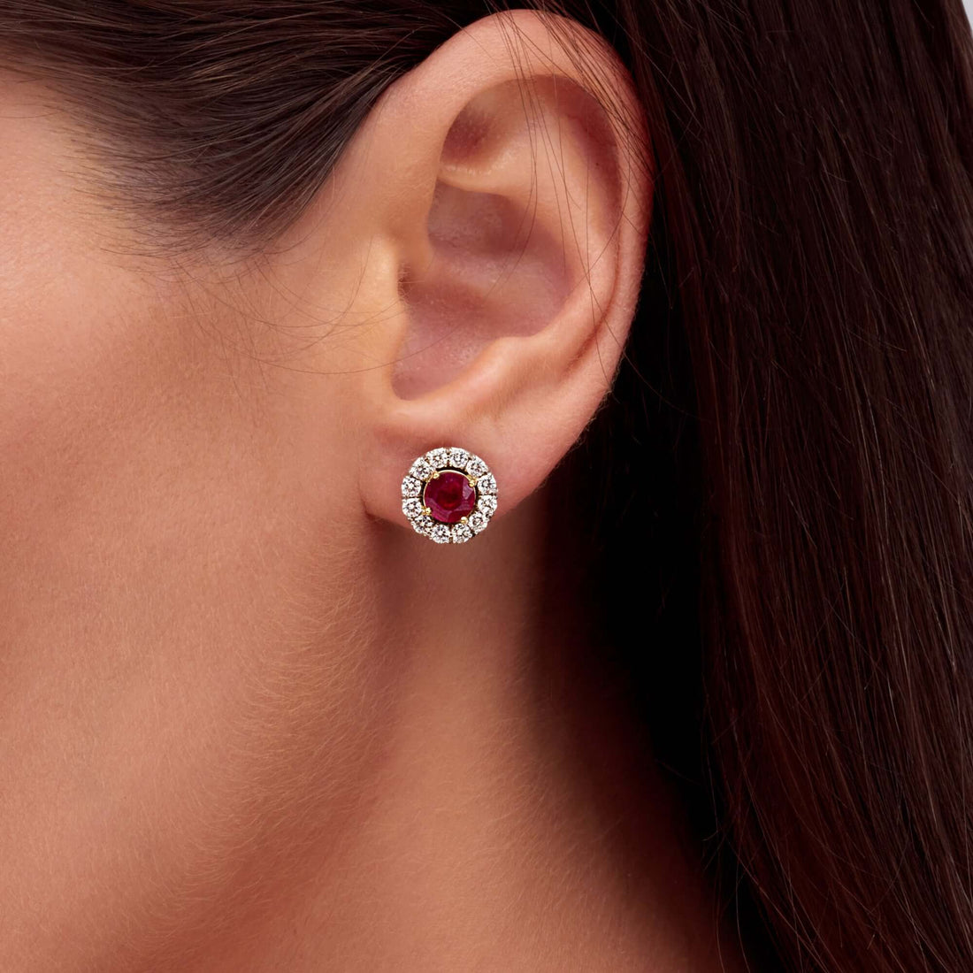 2.78 CT. Round Brilliant Ruby and Diamond Halo Stud Earrings - Stud Earring