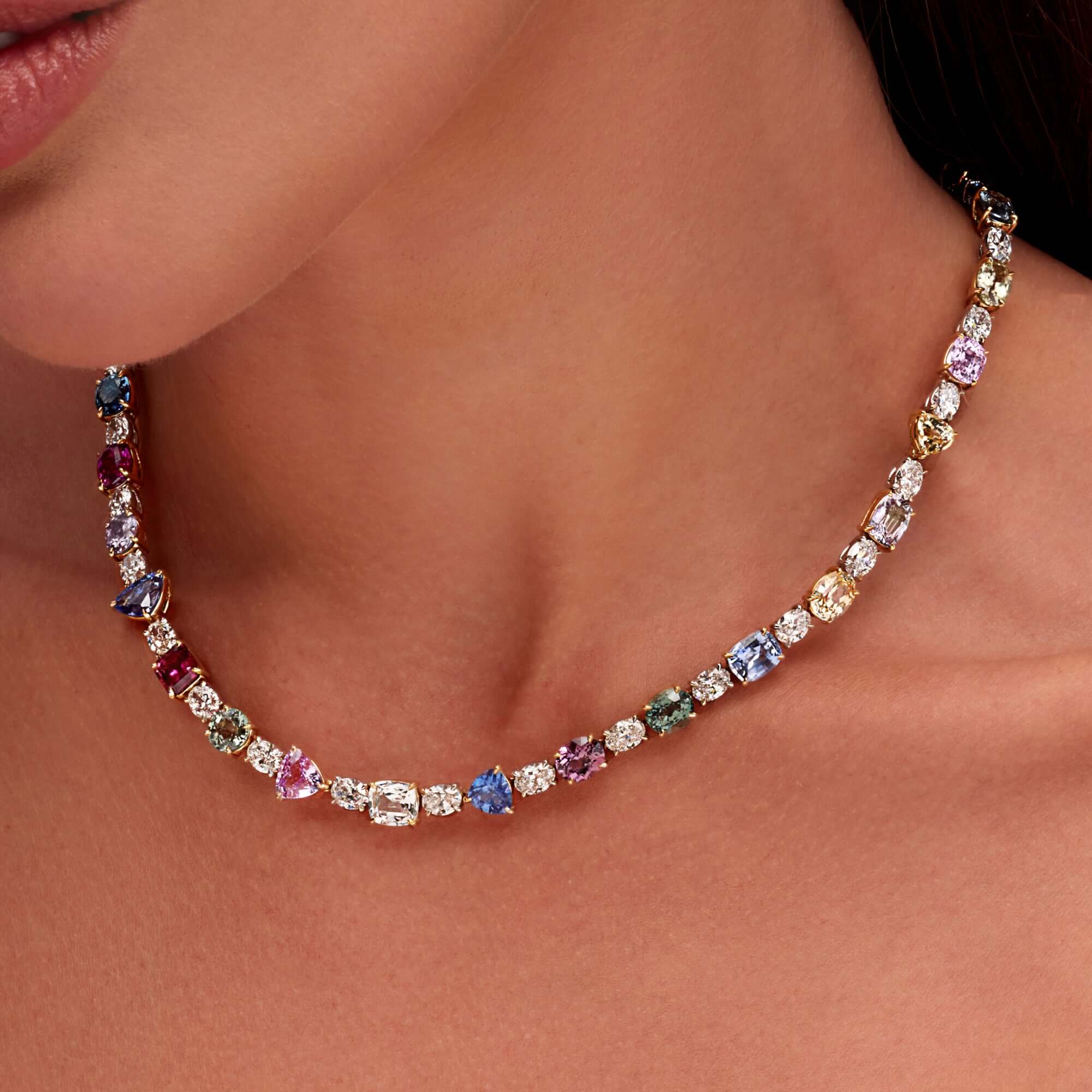 53.06 CT. Fancy Shape Sapphire and Oval Cut Diamond Tennis Necklace in 18K White Gold and Yellow Gold - Tennis Necklace