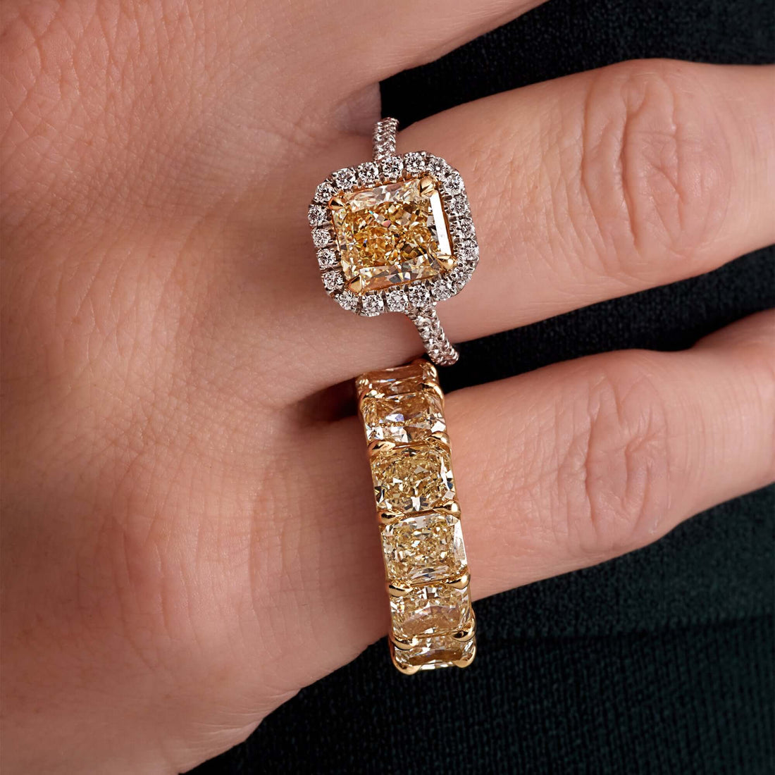 6.33 CT. Radiant Cut WX Yellow Diamond and Round Brilliant Diamond Ring in 18K Yellow Gold and Platinum - Halo Ring