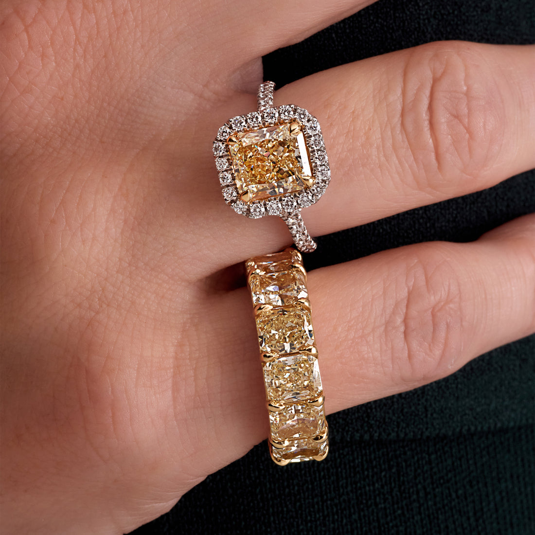 6.33 CT. Radiant Cut WX Yellow Diamond and Round Brilliant Diamond Ring in 18K Yellow Gold and Platinum