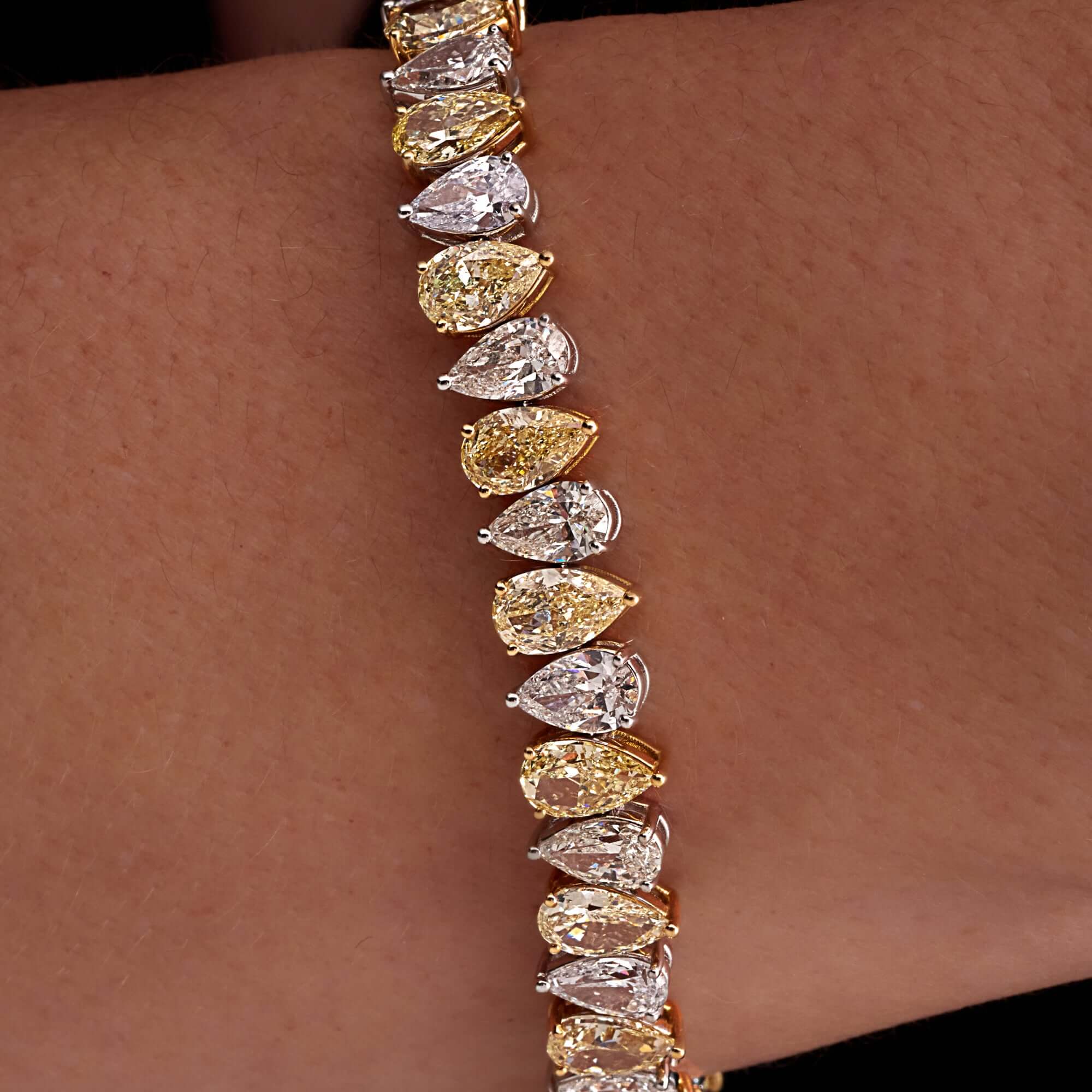 19.52 CT. Alternating Fancy Yellow Diamond and Pear Cut Diamond Bracelet in 18K White Gold and Yellow Gold - Tennis Bracelet