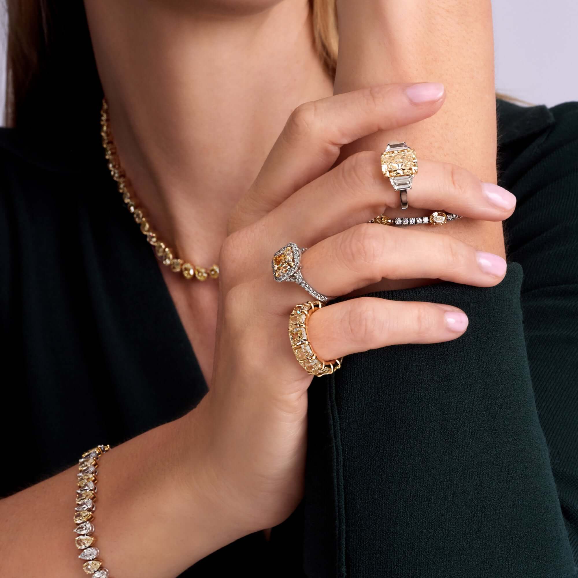 6.48 CT. Radiant Yellow Diamond and Trapezoid Diamond Three Stone Ring in 18K Yellow Gold and Platinum - Three Stone Ring