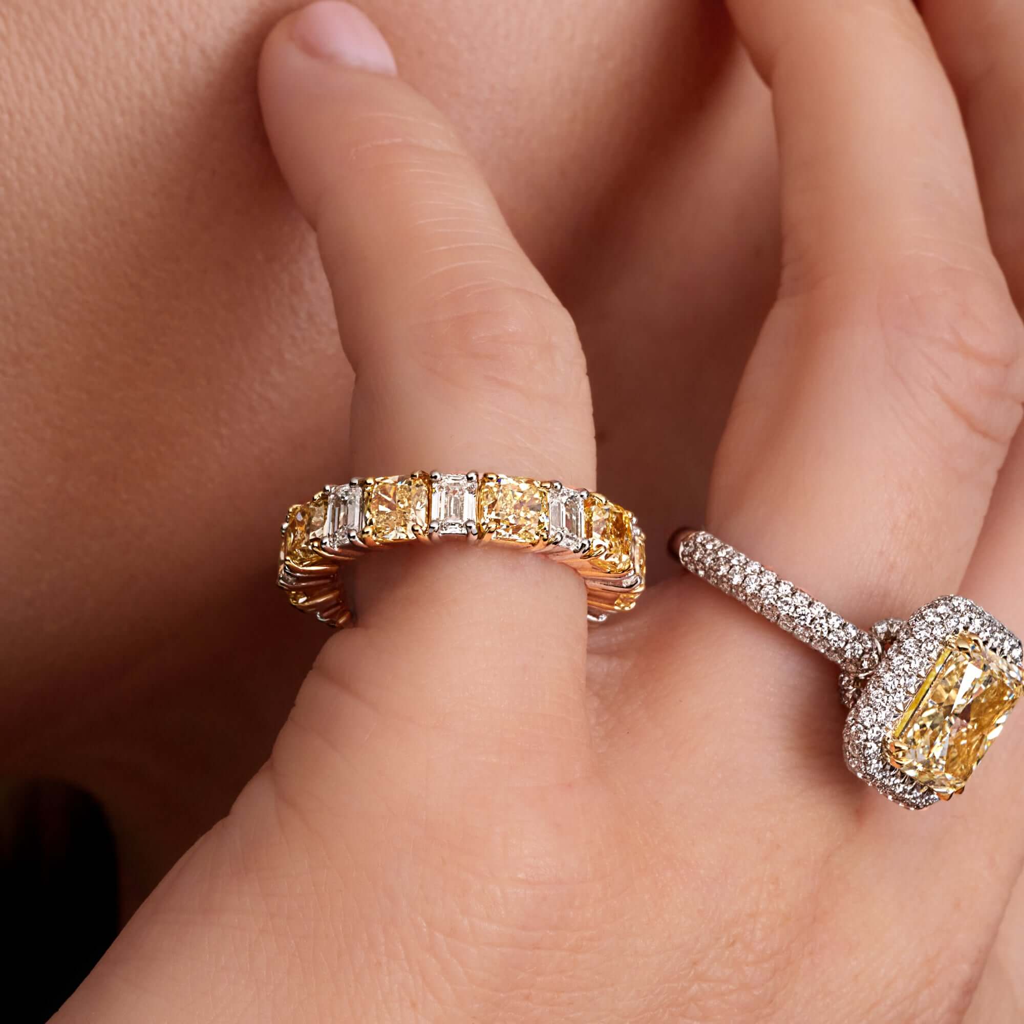 7.12 CT. Alternating Cushion Cut Fancy Intense Yellow Diamond and Emerald Cut Diamond Ring in 18K Yellow Gold and Platinum - Eternity Ring