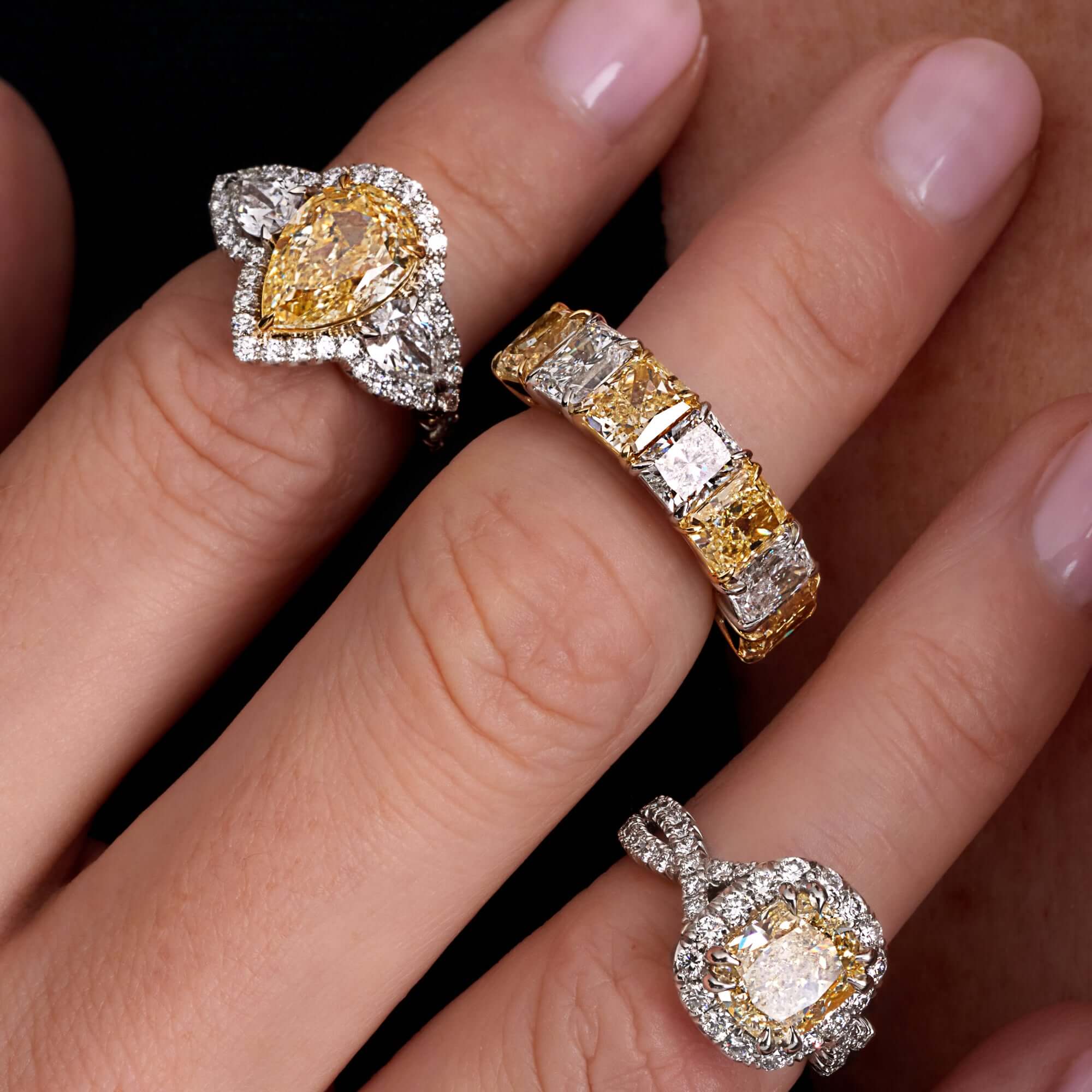 5.69 CT. Pear Yellow Diamond and Pear and Round Brilliant Diamond Ring in 18K Yellow Gold and Platinum - Three Stone Ring