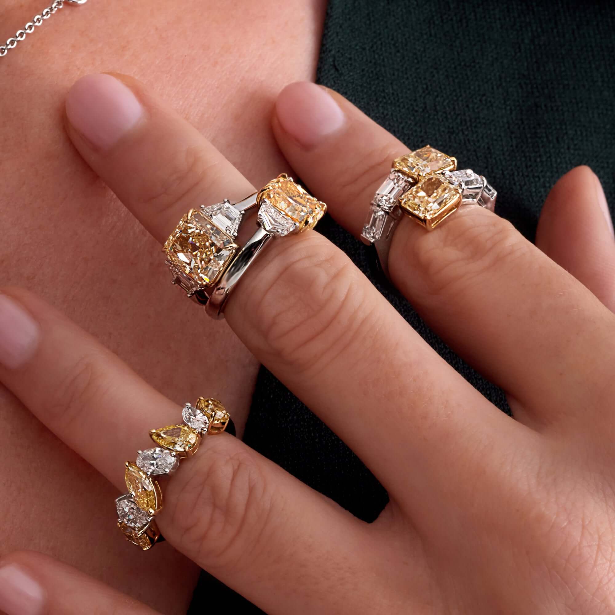 3.12 CT. Fancy Shape Fancy Yellow Diamond Ring in 18K Yellow Gold and Platinum - Half Eternity Ring