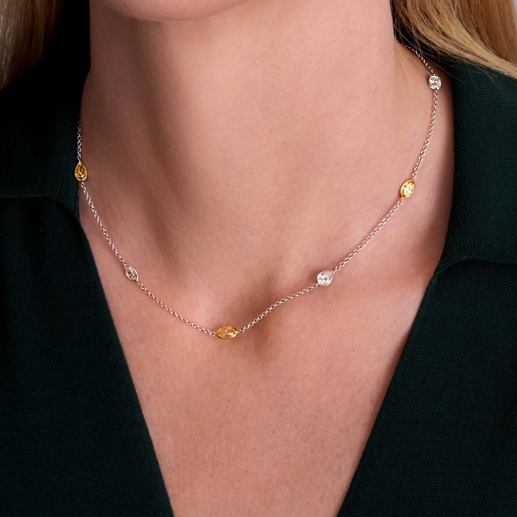 4.59 CT. Fancy Shape Yellow Diamond Necklace in 18K White Gold and Yellow Gold - Station Necklace