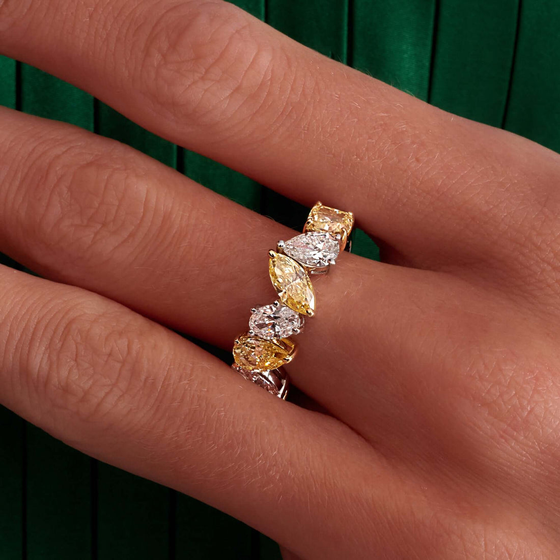 3.12 CT. Fancy Shape Fancy Yellow Diamond Ring in 18K Yellow Gold and Platinum - Half Eternity Ring