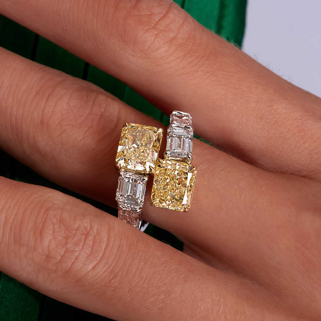 6.51 CT. Radiant Cut YZ Yellow Diamond and Emerald Cut Diamond Bypass Ring in Platinum and 18K Yellow Gold