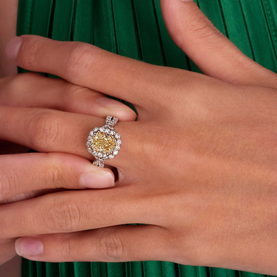 4.17 CT. Halo Cushion Cut YZ Yellow Diamond Ring in Platinum - Halo Ring