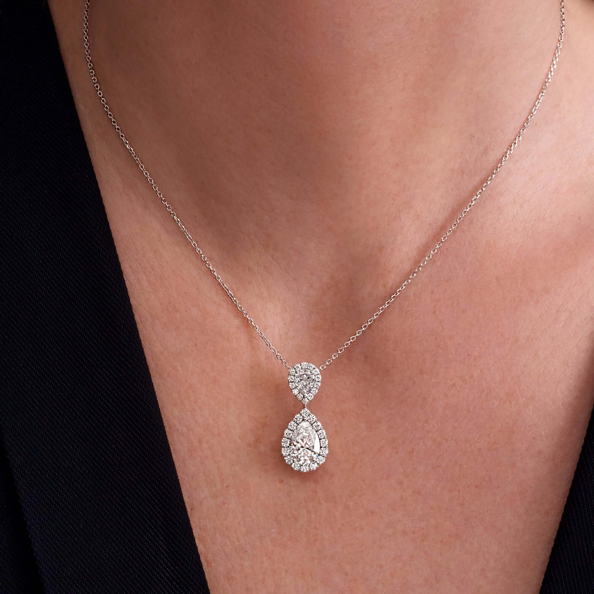 3.06 CT. Pear Cut and Round Brilliant Diamond Pendant Necklace in 14K White Gold - Pendant Necklace