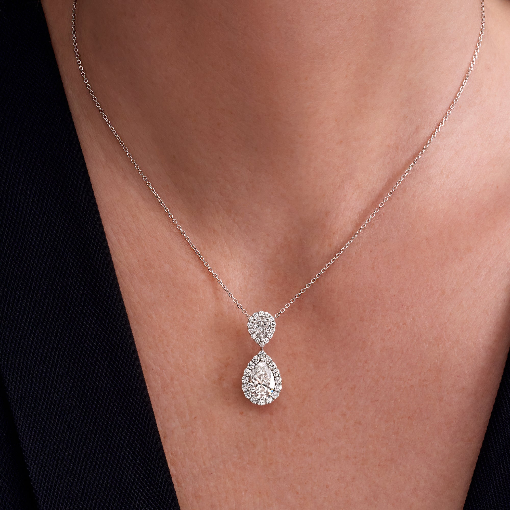 3.06 CT. Pear Cut and Round Brilliant Diamond Pendant Necklace in 14K White Gold