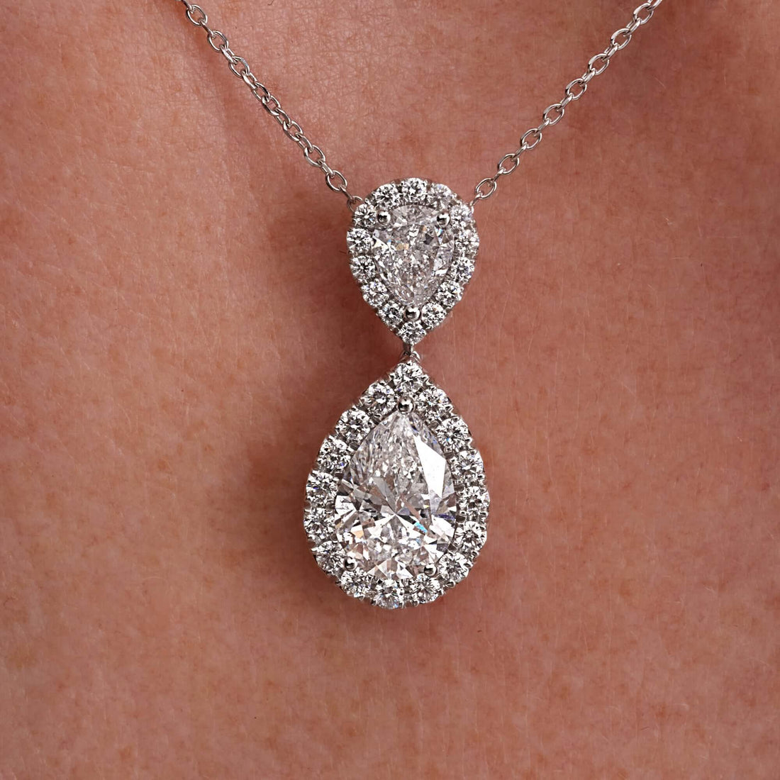 3.06 CT. Pear Cut and Round Brilliant Diamond Pendant Necklace in 14K White Gold - Pendant Necklace