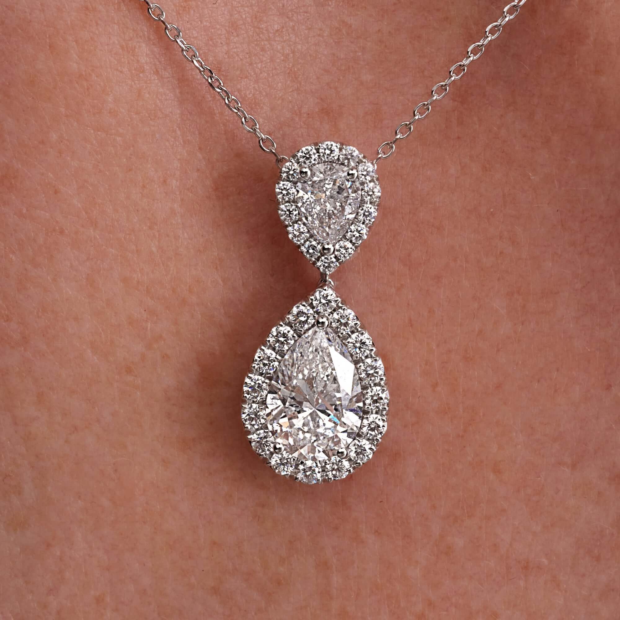3.06 CT. Pear Cut and Round Brilliant Diamond Pendant Necklace in 14K White Gold - Pendant Necklace