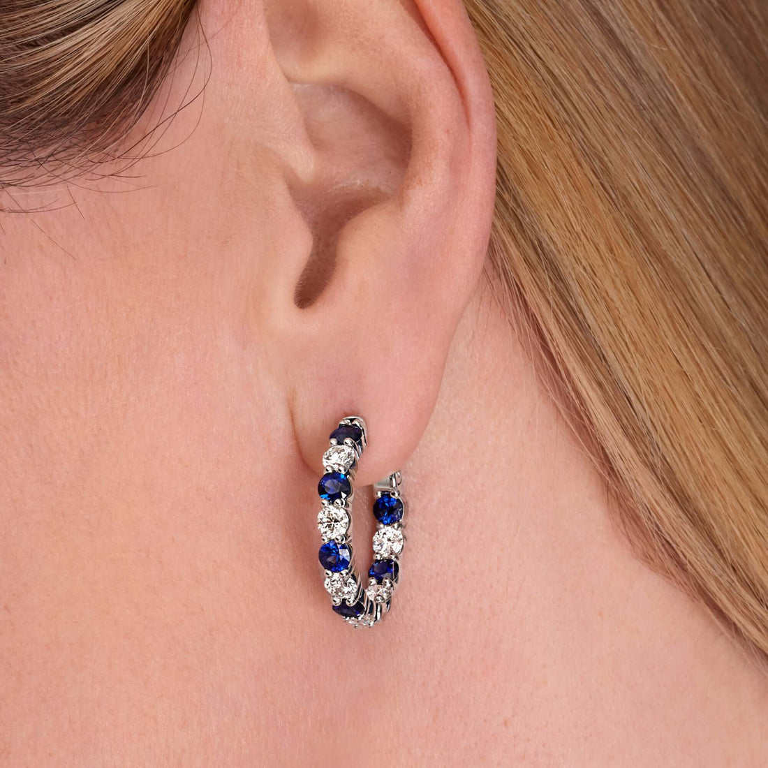 3.9 CT. Alternating Round Brilliant Blue Sapphire and Diamond Hoop Earrings in 14k White Gold - Hoop Earring
