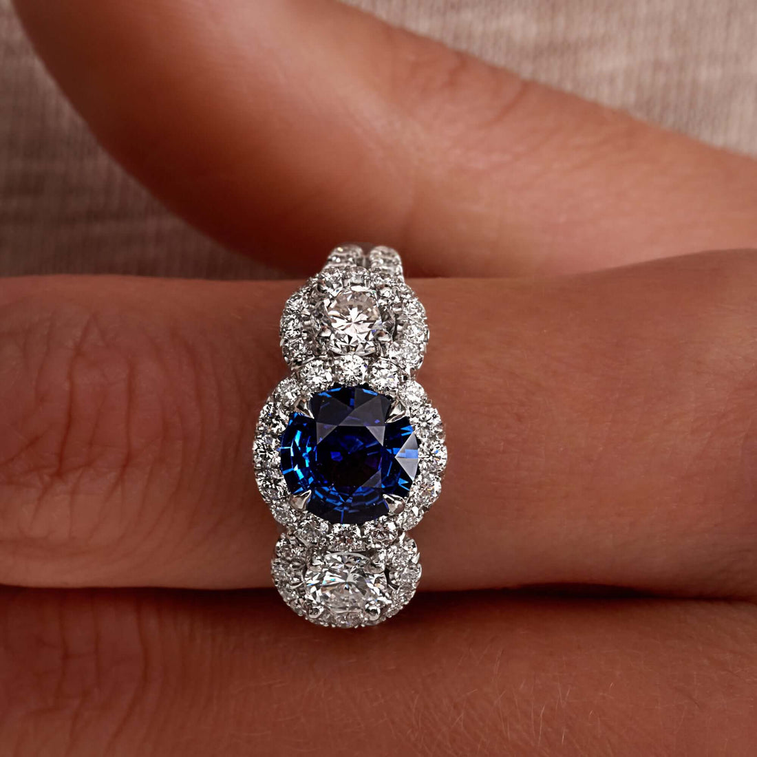 3.05 CT Round Brilliant Blue Sapphire and Diamond Halo Three Stone Ring in Platinum - Three Stone Ring