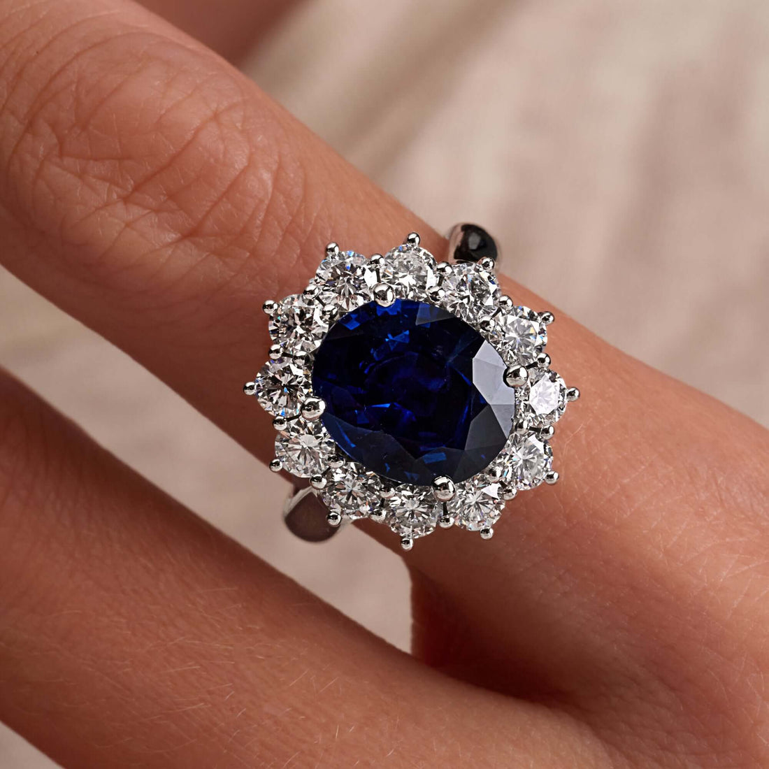 5.96 CT. Oval Cut Blue Sapphire and Round Brilliant Diamond Ring in Platinum - Halo Ring
