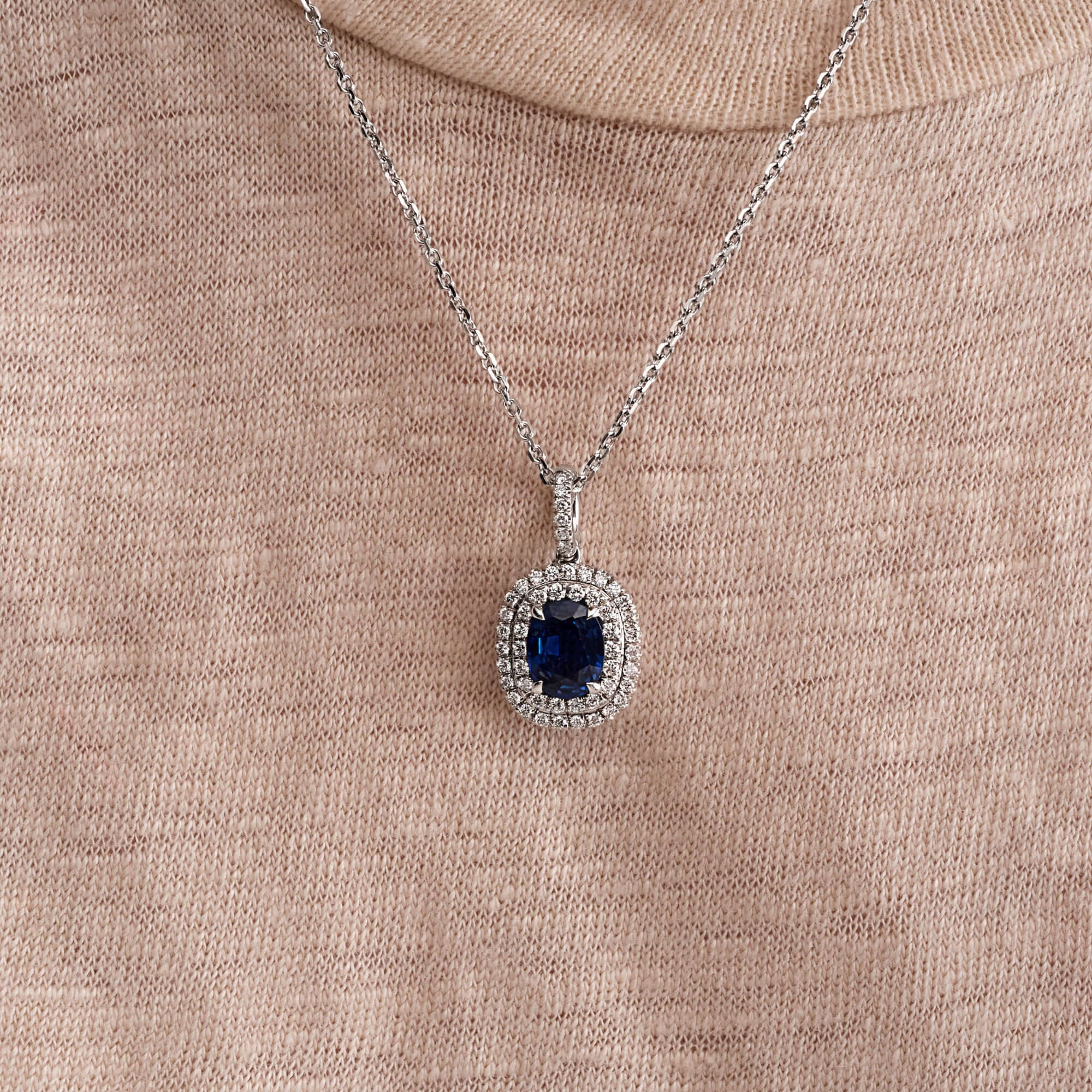 2.34 CT. Oval Cut Blue Sapphire and Round Brilliant Diamond Halo Pendant Necklace in 14k White Gold - Pendant Necklace