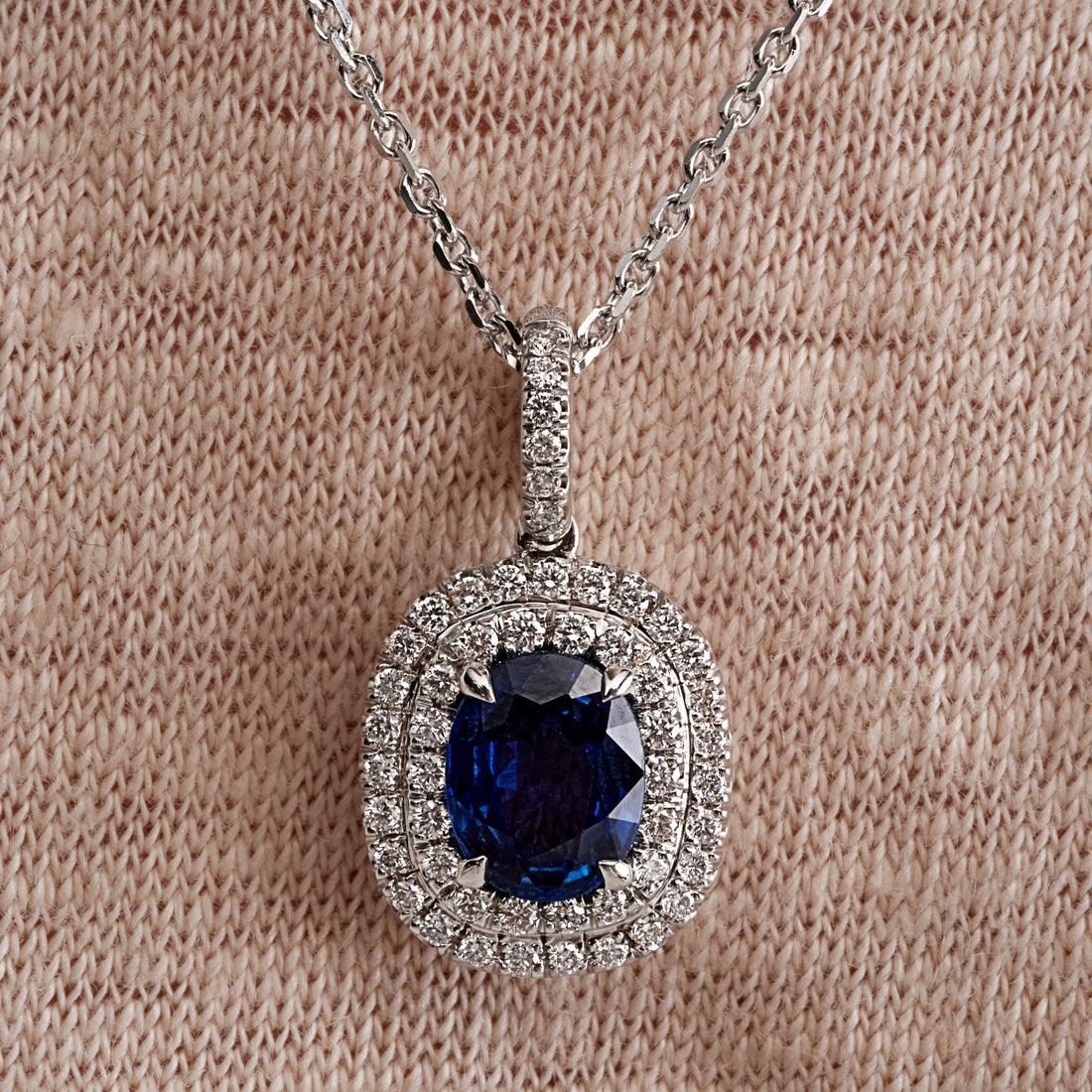 2.34 CT. Oval Cut Blue Sapphire and Round Brilliant Diamond Halo Pendant Necklace in 14k White Gold