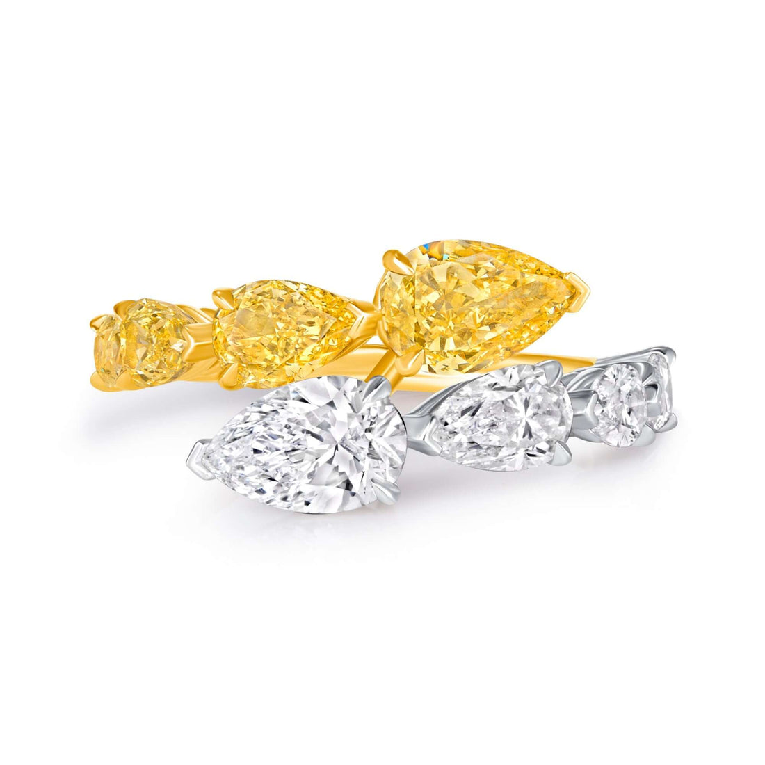 Dual Yellow and White Diamond Pear-Shaped Bypass Ring in Platinum and Yellow Gold - Bypass Ring