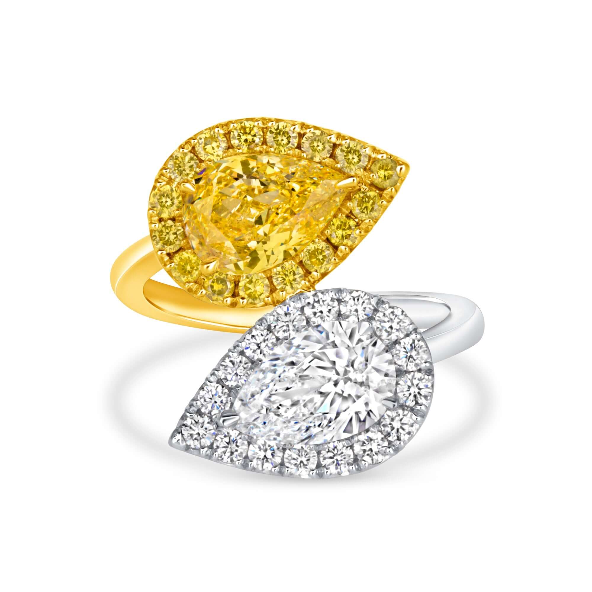 3.42 CT. Pear-Shaped Fancy Yellow & White Diamond Halo Toi et Moi Bypass Ring in Yellow Gold and Platinum - Toi et Moi Ring