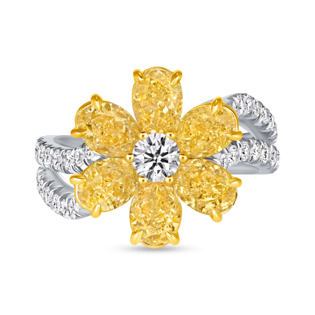 3.85 CT. Round Brilliant and Oval Cut Yellow Diamond Flower Ring with Split Pavé Band - RING