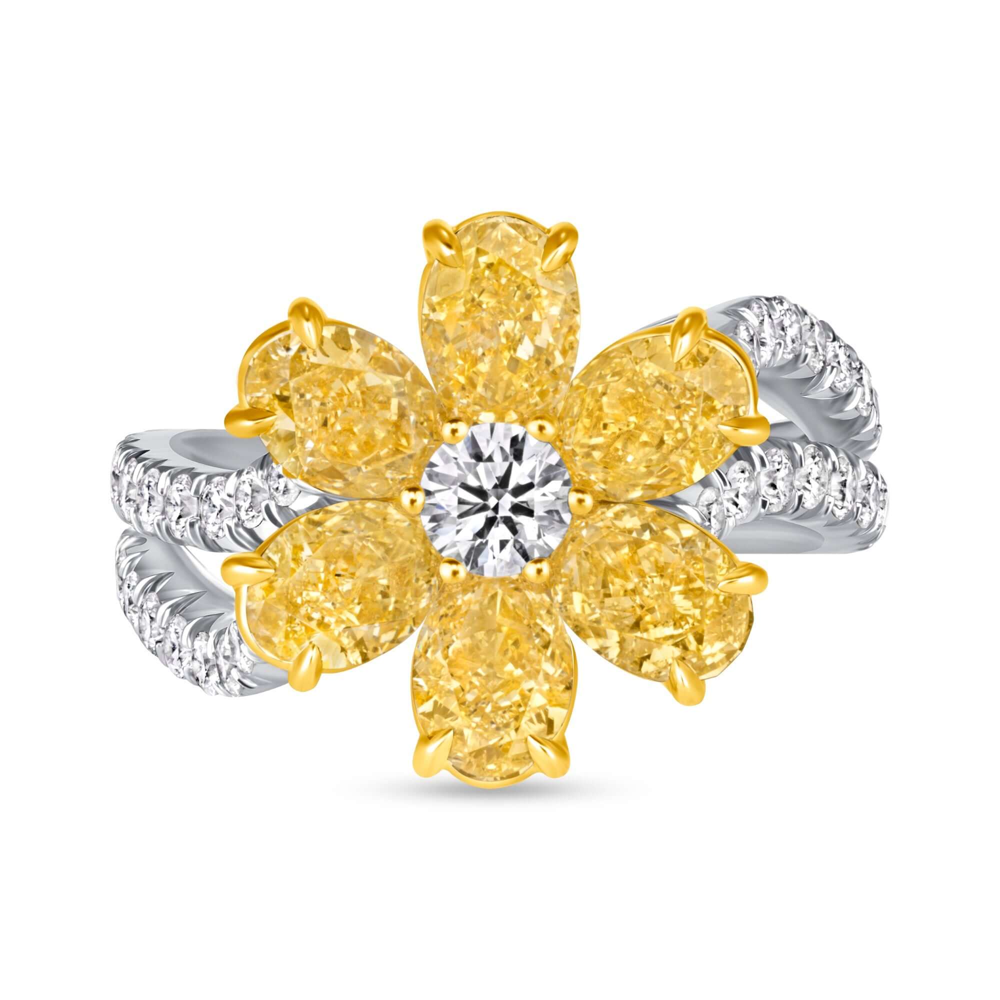 3.85 CT. Round Brilliant and Oval Cut Yellow Diamond Flower Ring with Split Pavé Band - RING